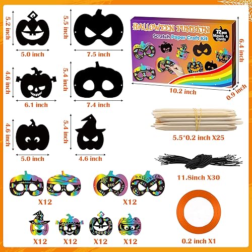 Miniatura 2 de BeYumi Juego de 72 piezas de papel de rascar de calabaza de Halloween para niños, papel mágico para rascar, tarjetas de máscara de manualidades,