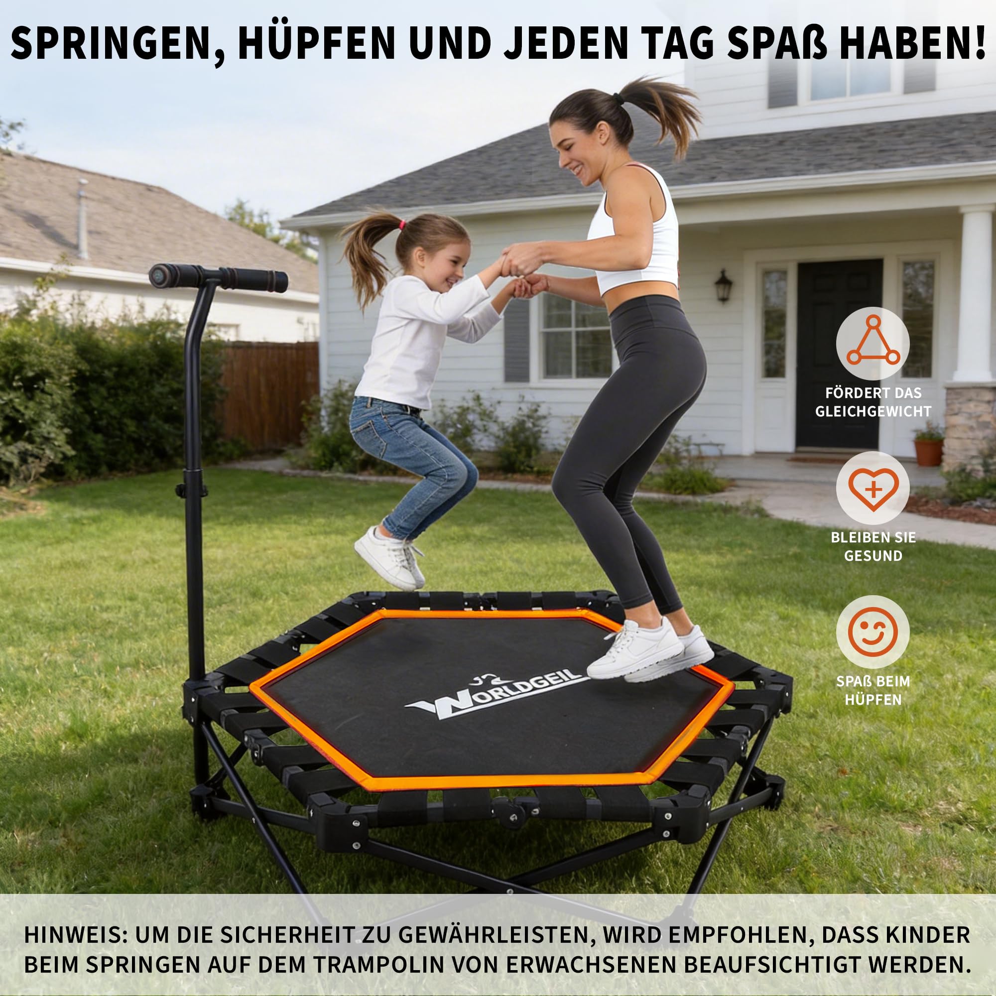 Trampolin Indoor Klappbar - Mini Trampolin mit Höhenverstellbarer Handgriff - Tragkraft 150 kg - Ø 86.5 cm - Jumping Trampolin Fitness für Erwachsene & Kinder - Sport Geräte für Zuhause