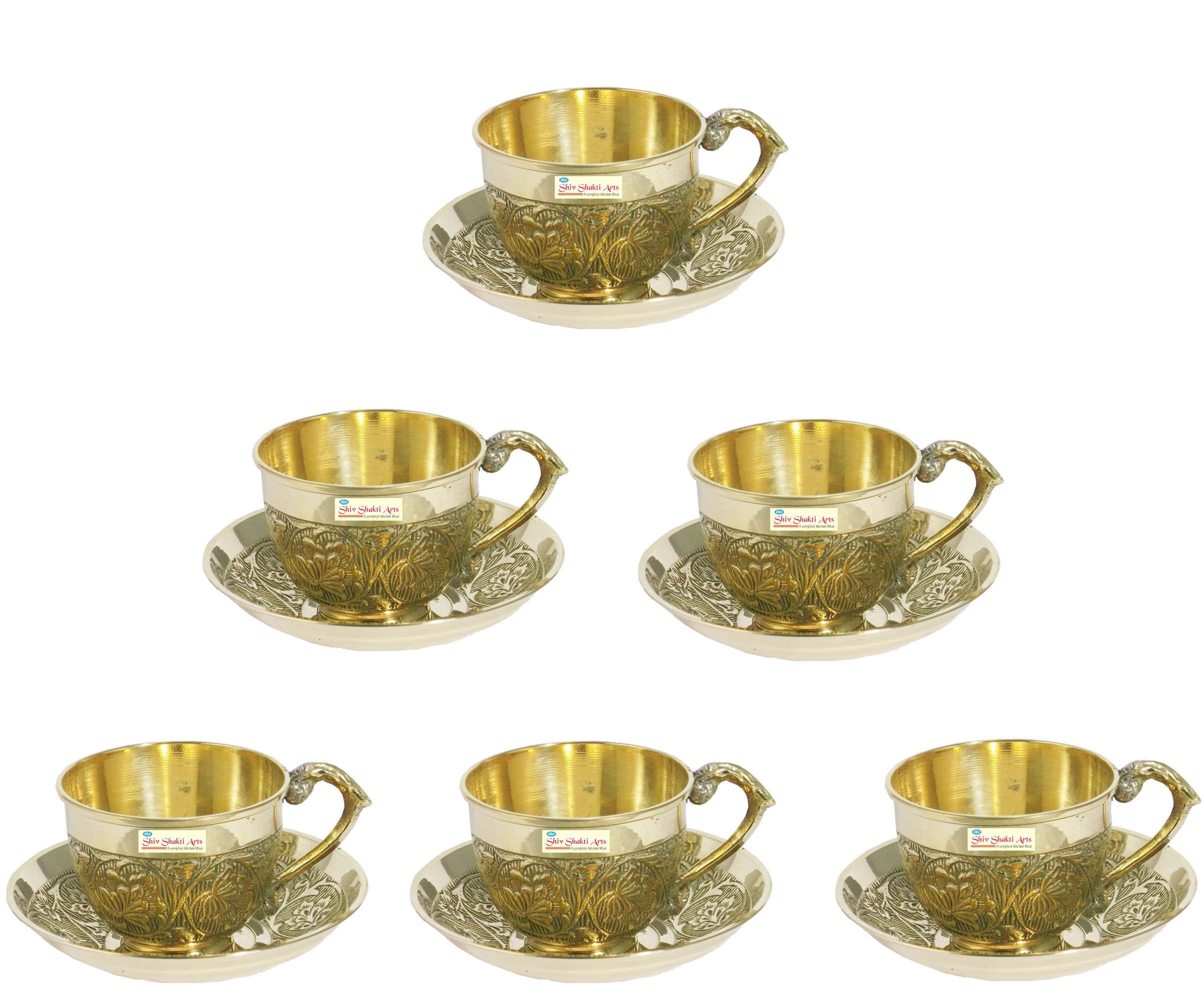 SHIV SHAKTI ARTS Handmade Brass Tea Cup and Saucer (150 ml) - Set of 6