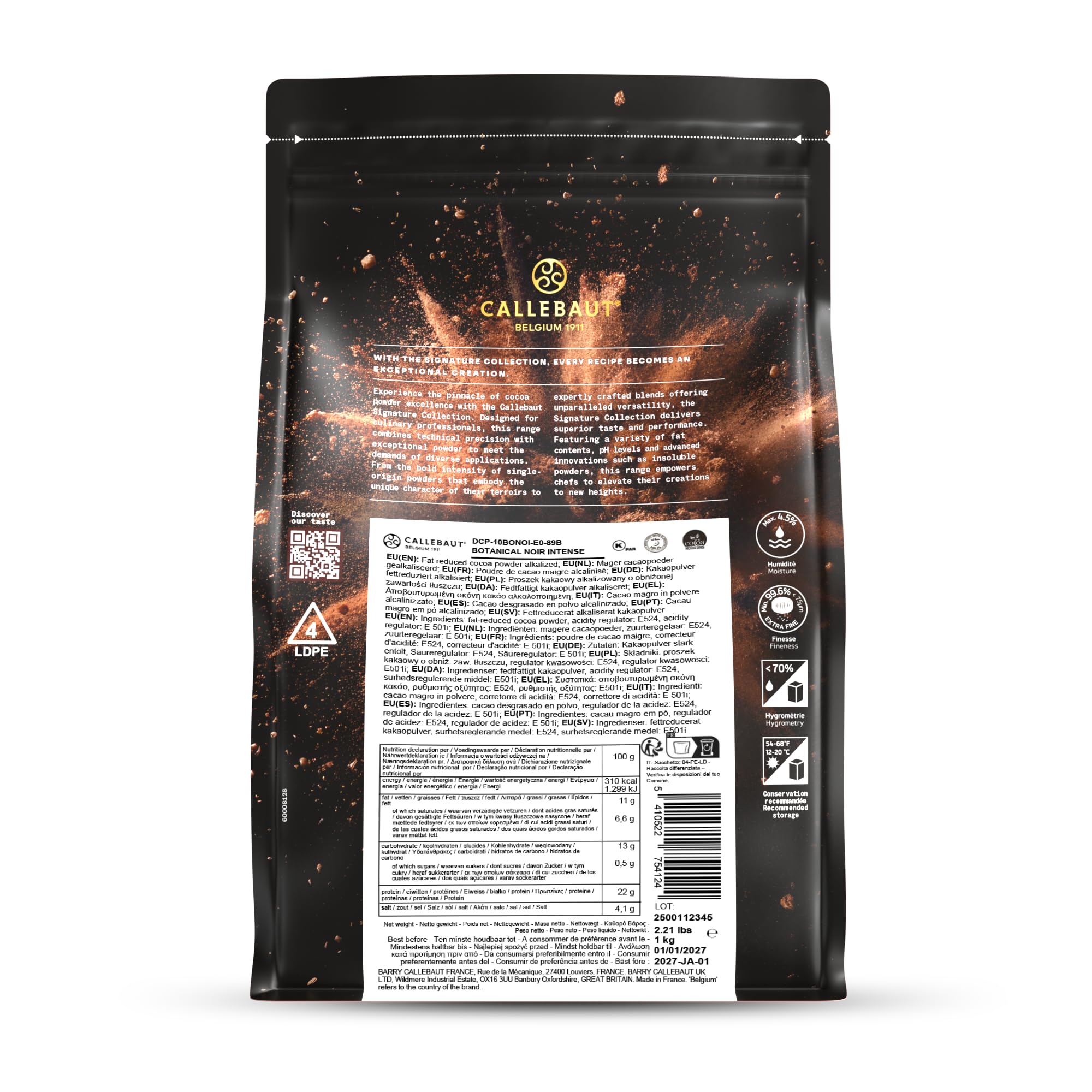 Callebaut Signature Collection Velvet Légère 1% cacao en polvo desgrasado alcalizado bajo en grasa cacao para hornear, 750 g