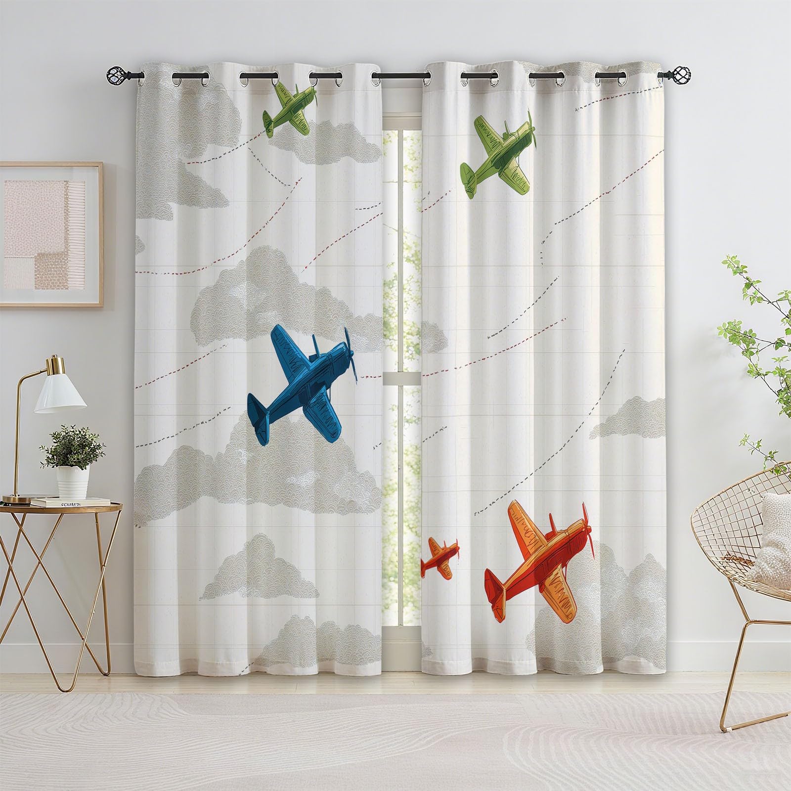 Rideau Occultant Isolants Thermiques À Oeillets Transport Avion Nuages, 110 x 215 cm Lot de 2 Rideaux Thermiques Isolants Anti Froid Imprimé pour Salon Chambre Bebe Enfant, Beige