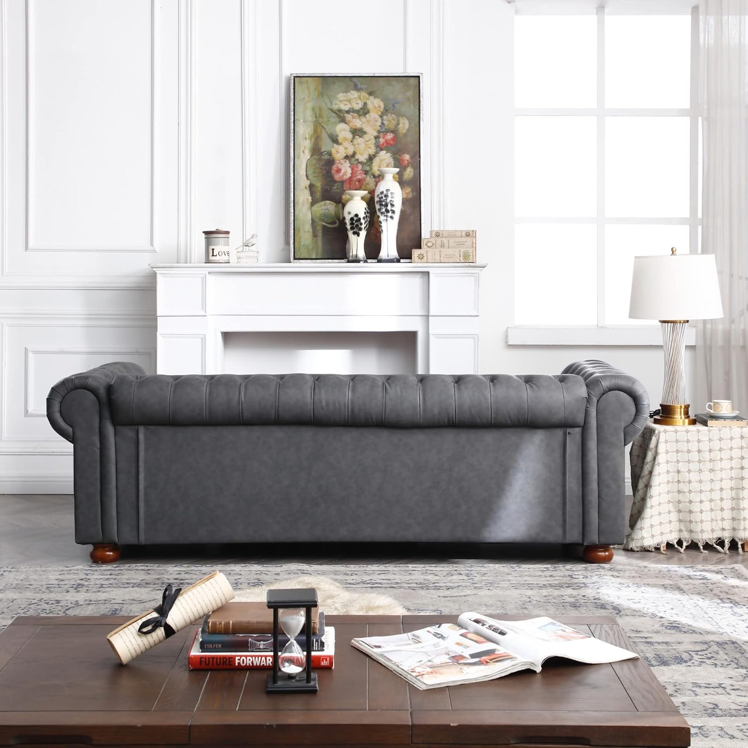 Harper & Bright Designs Faux Leather Upholstered 3-Seater Living Room Sofa with Button and Copper Nail on Arms, Classic Chesterfield Sofa, Dark Grey