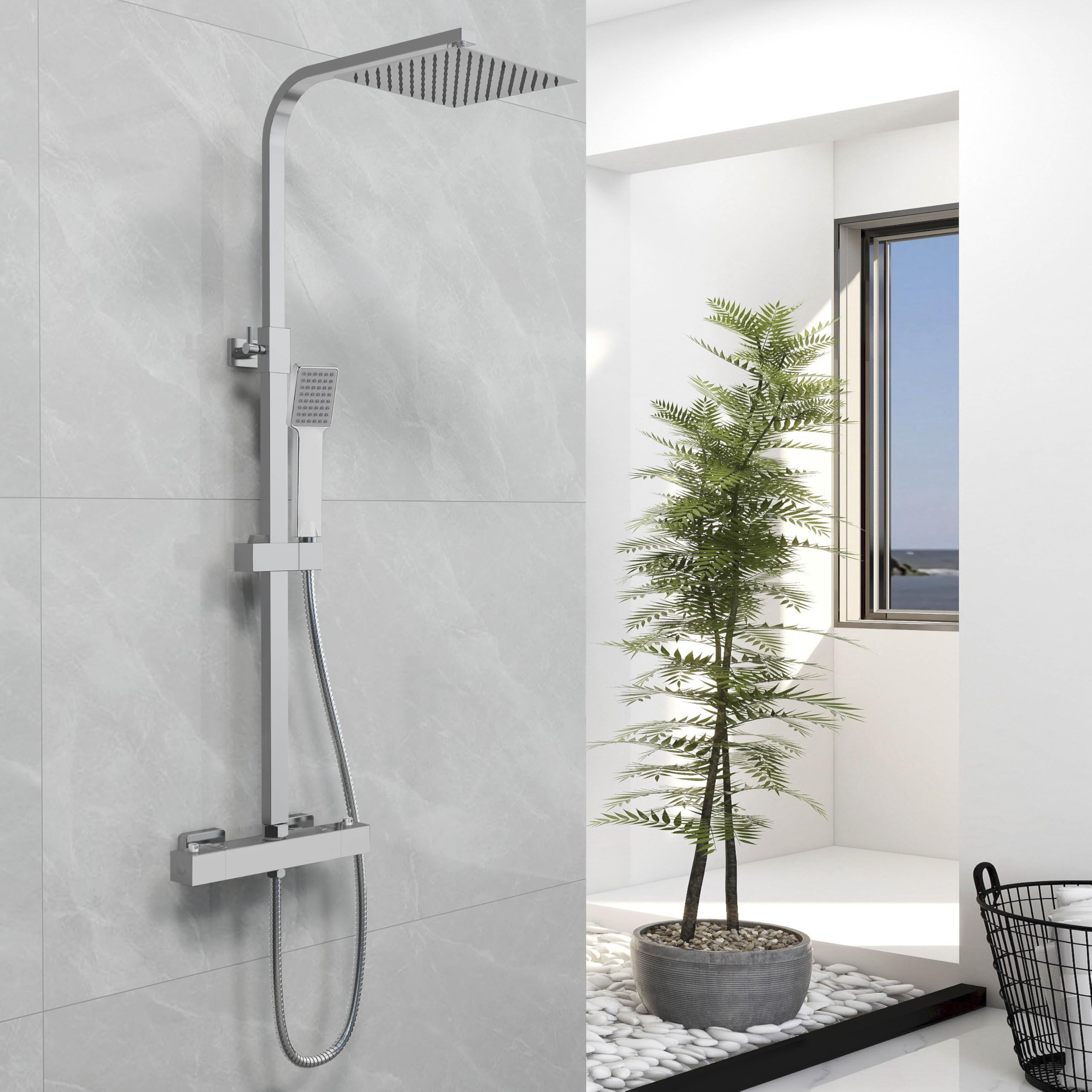 Biubiubath Chrome Thermostatic Shower Mixer, Anti-Scald Exposed Mixer Shower,Height Adjustable Riser Rail Kit, Square Handheld & 8 Inches (200Mm) Overhead Rainfall Shower, Silver