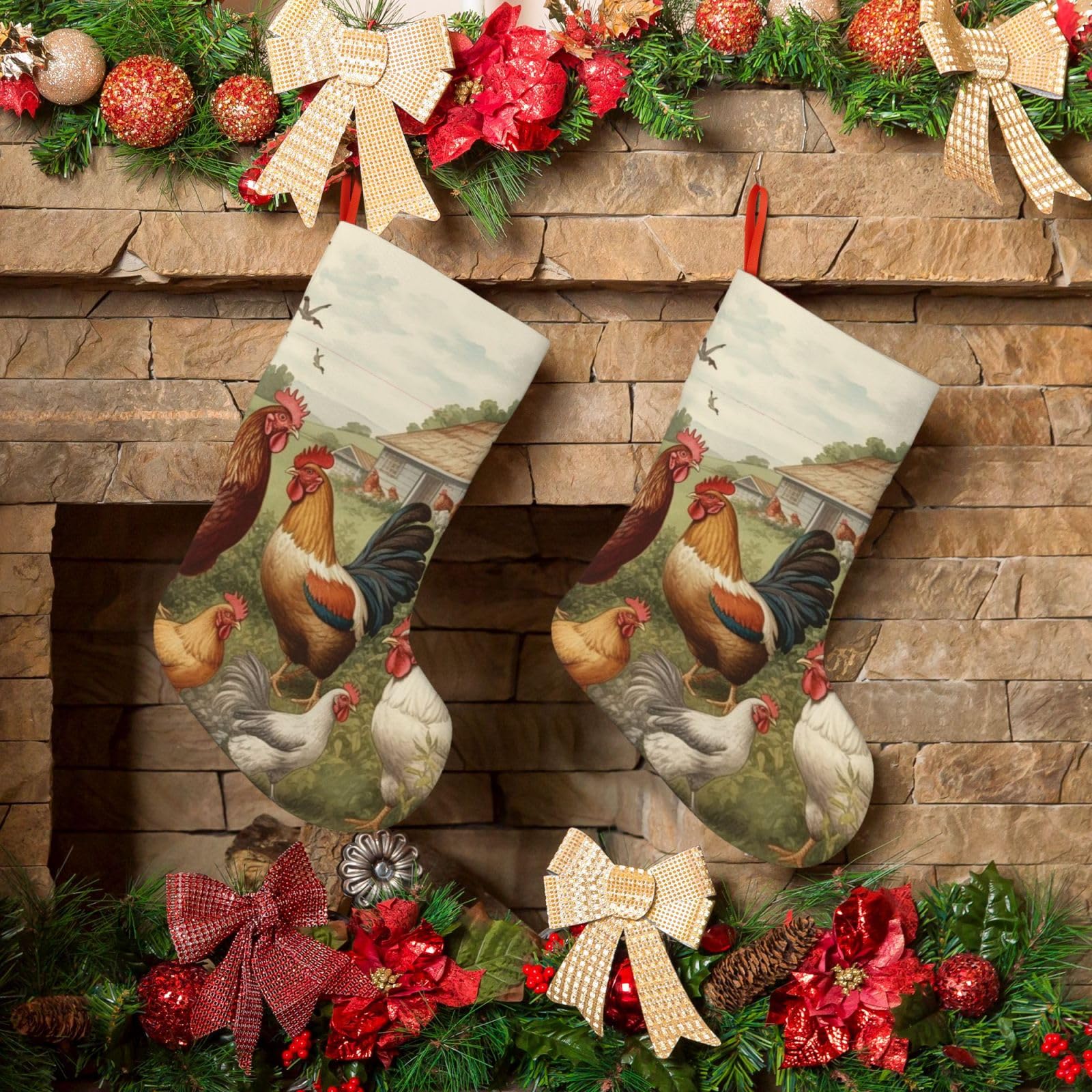KLOPH Christmas Stockings 18" Personalized Xmas Stocking Chickens and Farm Decoration Stocking Hanging Fireplace Stocking for Holiday Xmas Tree Christmas Fireplace Decor