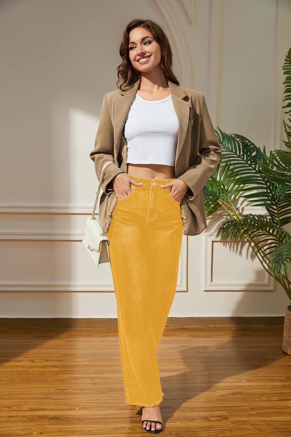 Guaile Women’s Wide Leg Jeans High Waisted Strechy Jeans for Women Straight Raw Hem Loose Casual Denim