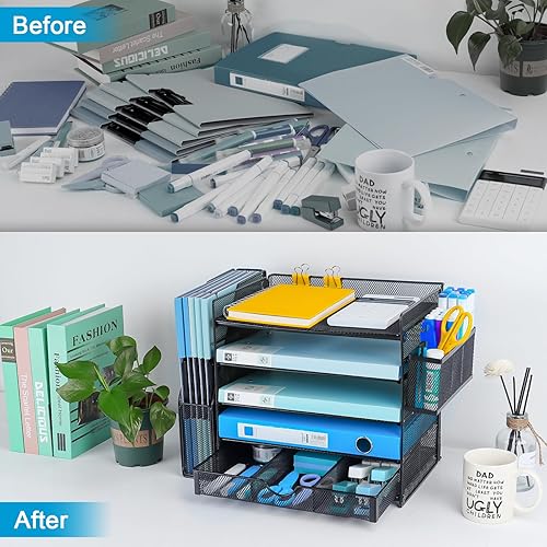 Miniatura 5 de Organizadores de escritorio con soporte para archivos, bandeja organizadora de papel de 5 niveles con cajones deslizantes y soporte adicional para