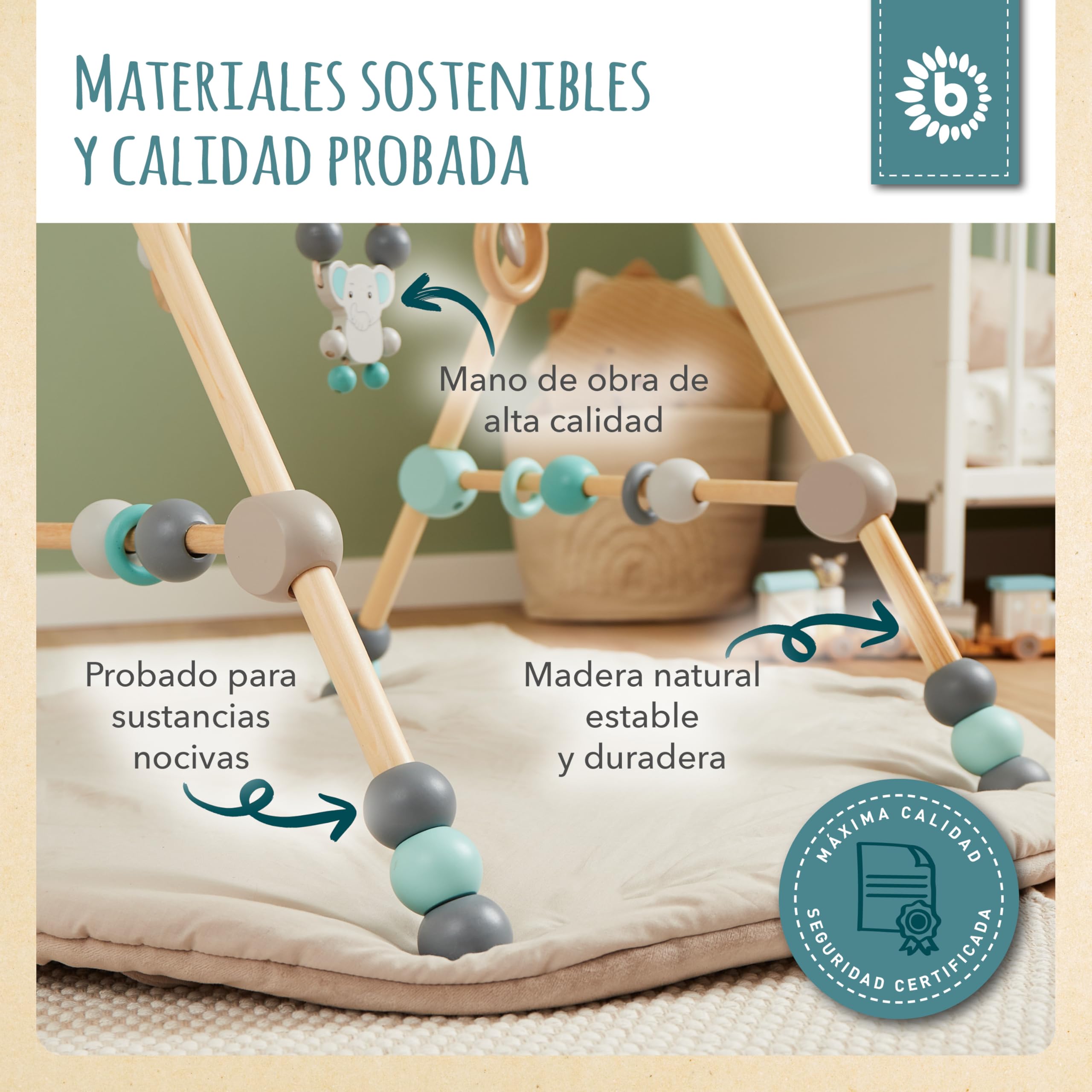 Bieco Spieltrapez | Trampolín para Baby - Figuras, Rasseln, Kugeln- Ajustable en Altura | Trampolín Holz | Centro de Actividades para Bebés Gym | Juguete de Madera para Baby