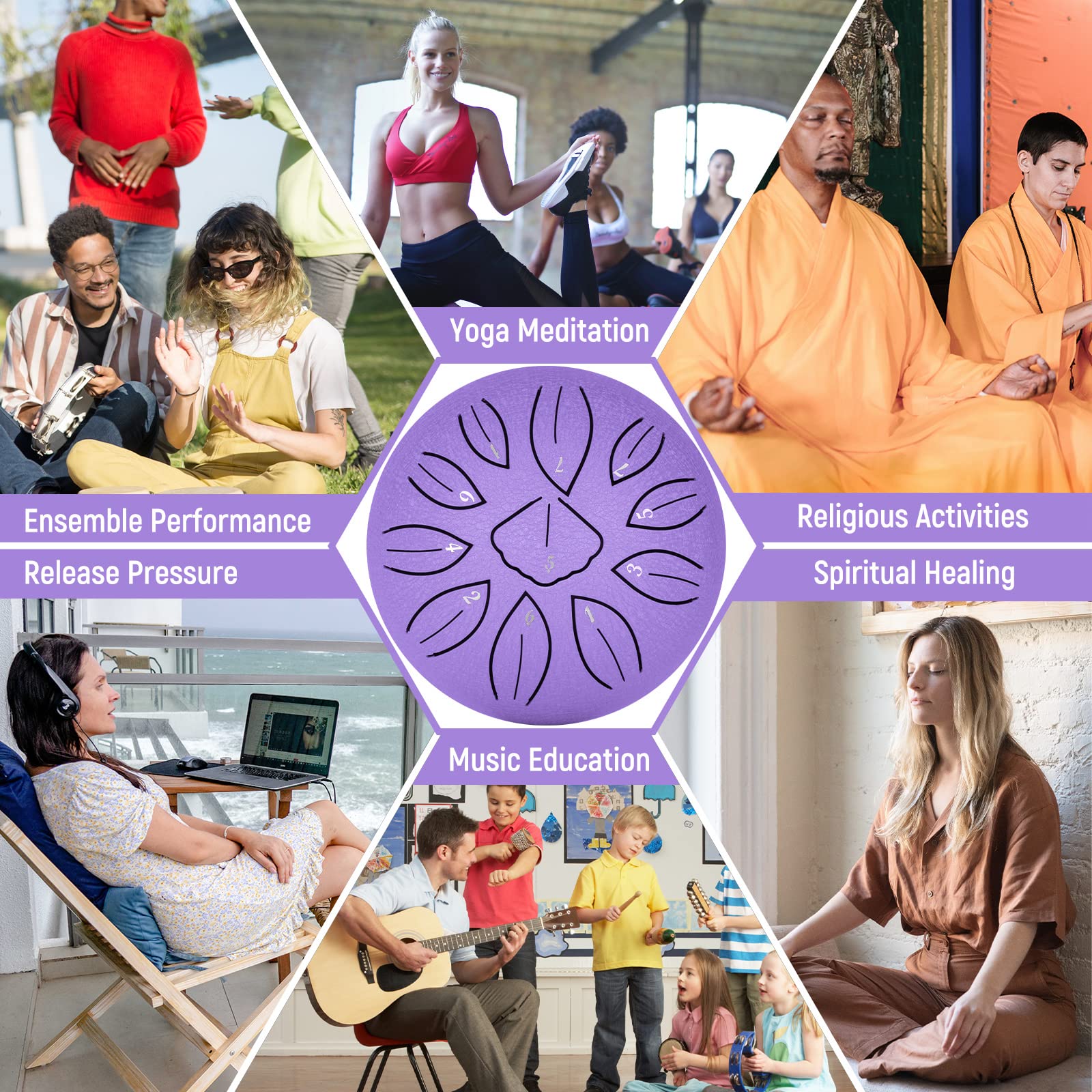 LEKATO Tambour Tongue en acier, 15,2 cm 11 notes en alliage d'acier Clé C Débutant Zen Drum Percussion pour la méditation, le yoga, l'éducation musicale, le meilleur cadeau pour les enfants Violet