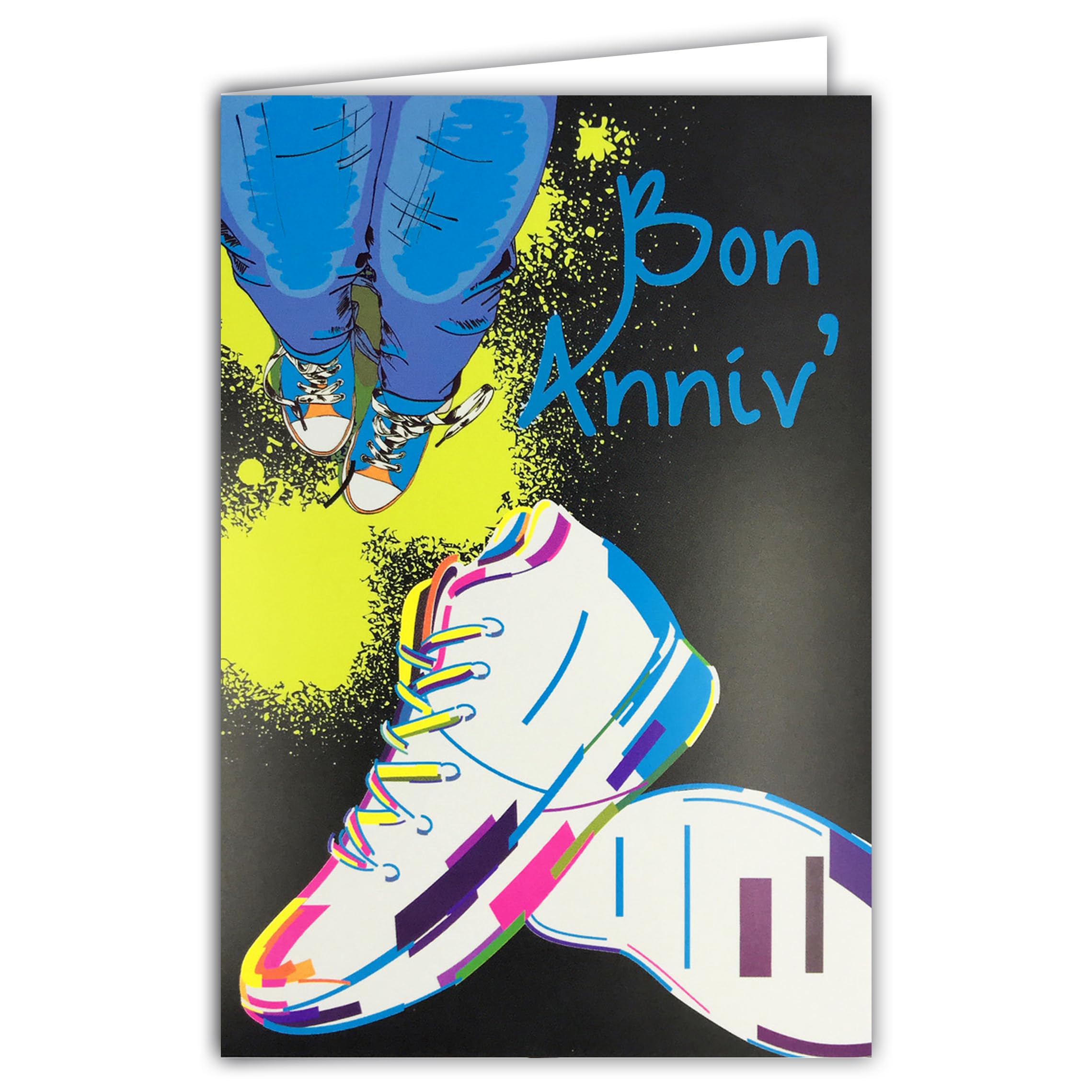 69-8131 Neon Card Happy Birthday Sneakers with Envelope 12 x 17.5 cm – Jeans Streetwear Shoes Men Women – White Interior for Writing – Real Neon Inks – Created and Made in France