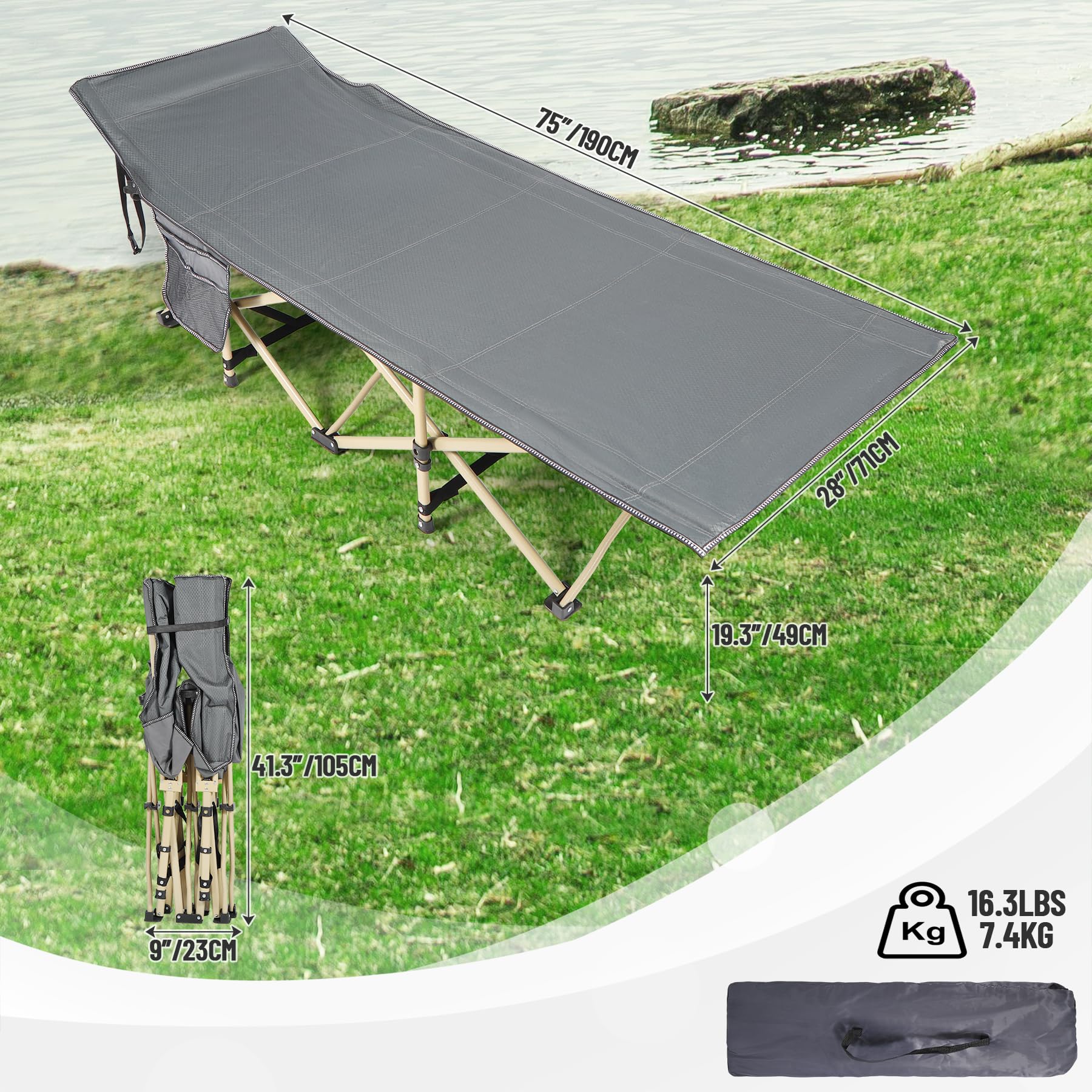 REDCAMP Campingbett Feldbett Klappbar mit Auflage für Erwachsene, XXL 190 x 71 x 38 cm Faltbar Feldbettauflage mit Matratze Topper für Camping Garten Innen Outdoor