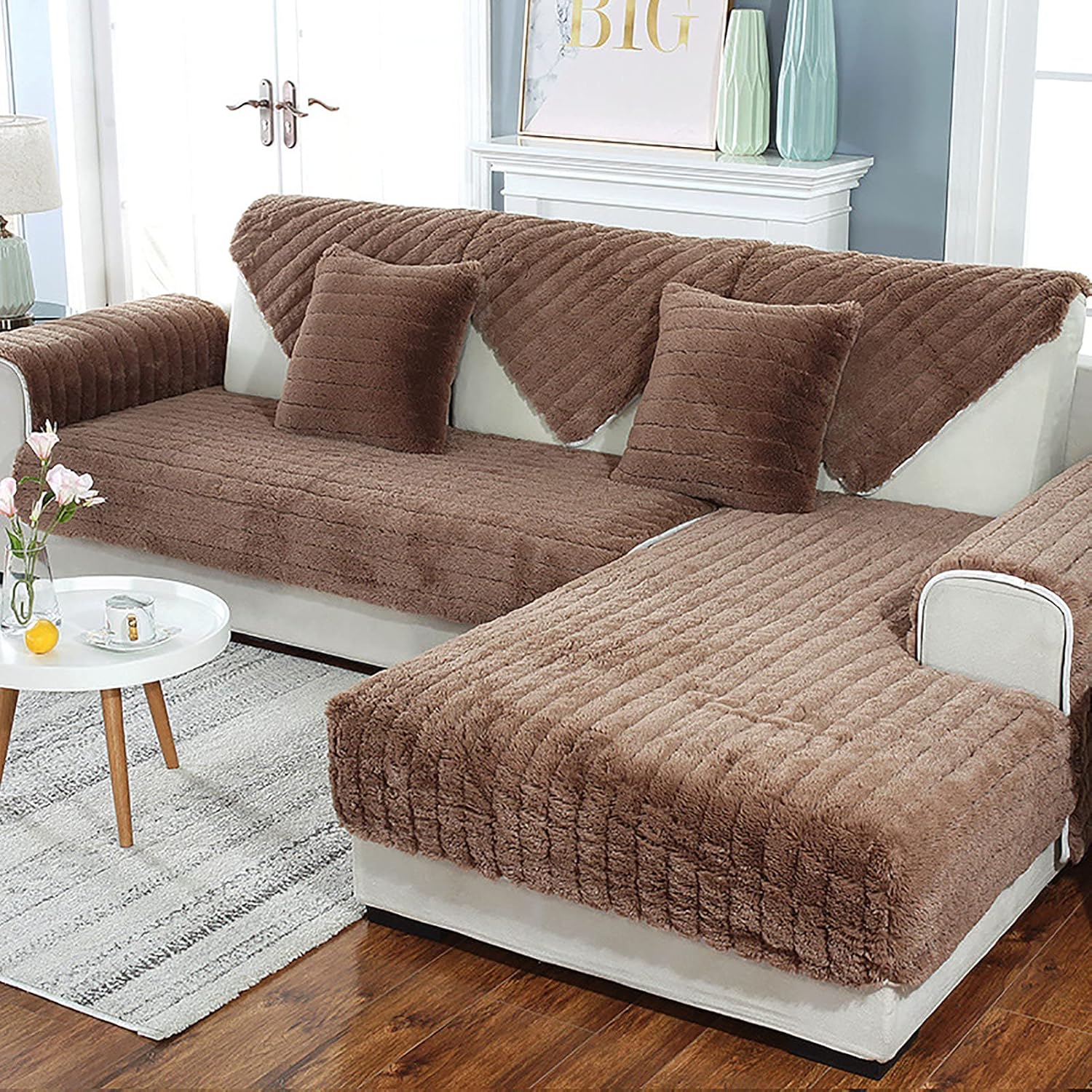 KKLT Plush Sofa Cover Sectional,Sold by Piece Quilted Anti-Slip Comfort Sofa Slipcover Protector for L-Shape Couch-Grey 70x70cm(28x28inch)