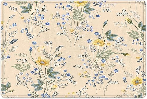 Alfombra de baño floral azul y amarilla con hojas verdes, tapete de baño estético con flores silvestres, beige, antideslizante, espuma