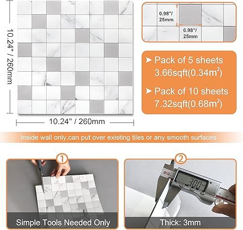 Miniatura 6 de VAOVI Peel and Stick Backsplash Tile for Kitchen,Backsplash Peel and Stick Marble Tile 3D Wall Panel Stick on Backsplash Bathroom Tile(Marble White