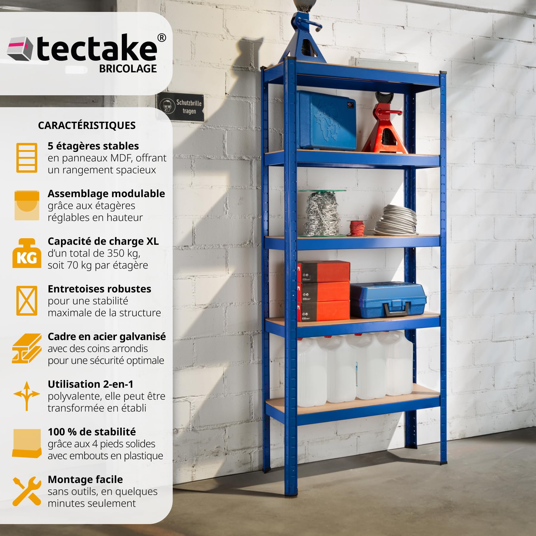 tectake® Étagère Garage Étagère Charge Lourde Meuble de Rangement modulable en métal 5 tablettes 75,5 x 30,5 x 172 cm Max. 350 kg Rangement Outils Atelier pneus buanderie