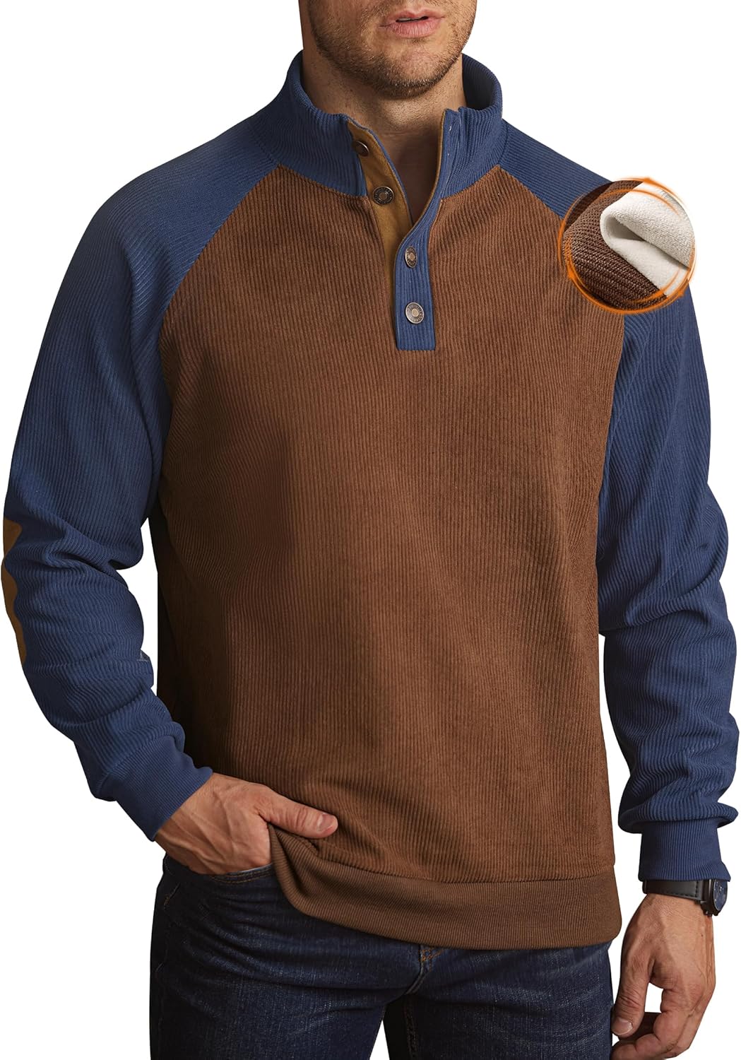 Mens Corduroy Fleece-Lined Sweatshirts Winter Heavyweight Casual Fashion Button Pullover Navy & Coffee XL
