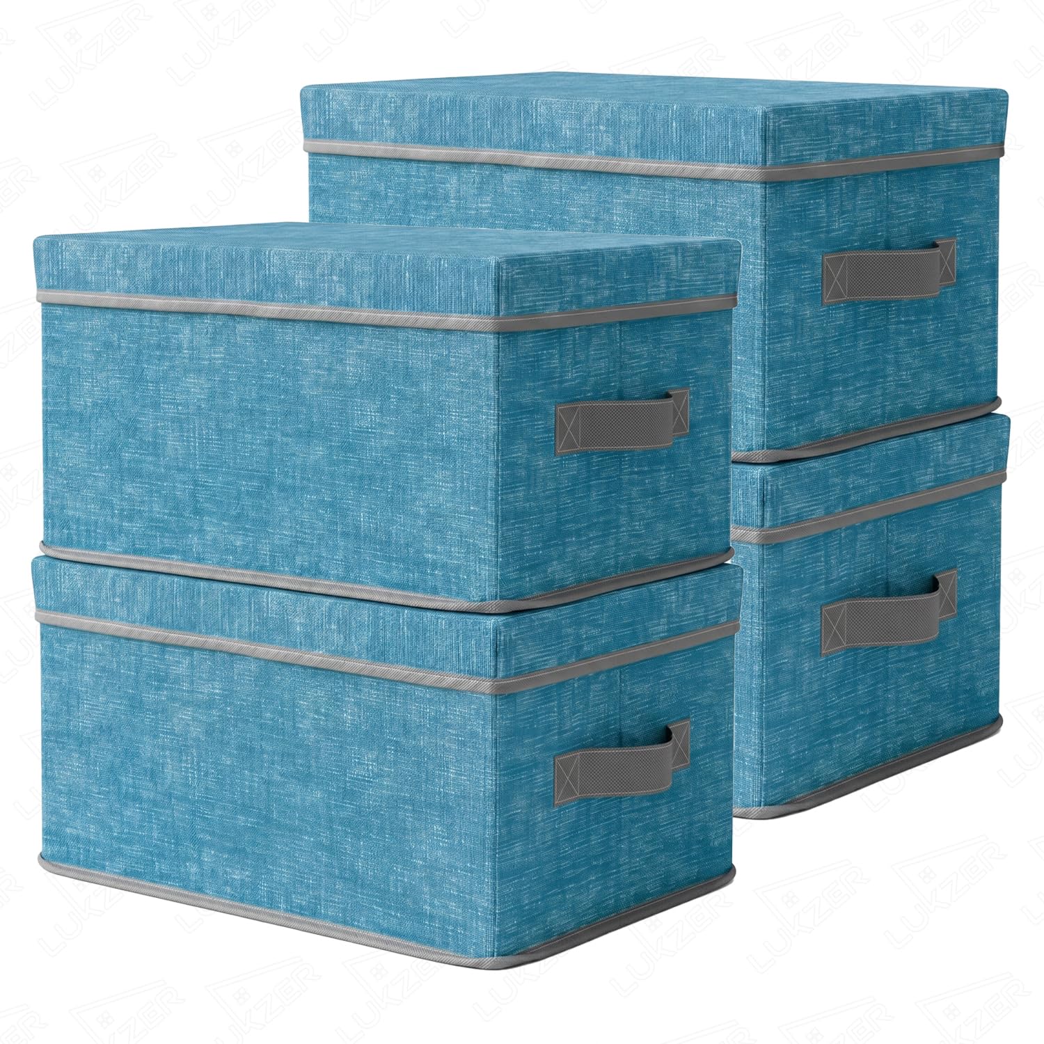 Lukzer 4PC Blue Lining Foldable Storage Box with Lid & Reinforced Handle | Fabric Wardrobe Clothes Organizer Basket Bin for Sarees, Blankets, Toys, Books & Closet/Almirah Storage (36 x 26.5 x 20 CM)-image-23