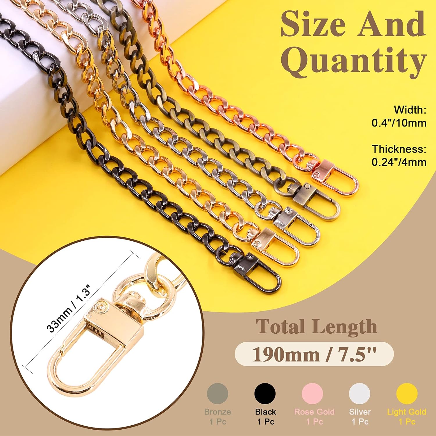 Wokape 5Pcs Luxury Fashion 7.9Inch/19cm Replacement Flat Chain Strap with Buckles Set, Perfect for DIY Metal Shoulder Purse Replacement (Mixed Color, 7.9 inch)
