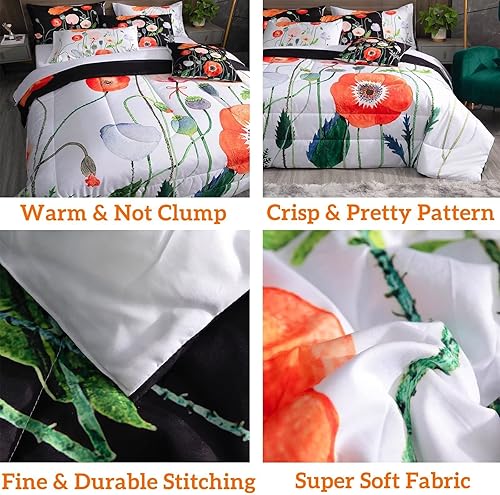 Miniatura 6 de Juego de edredón floral blanco, tamaño Queen, juego de edredón de 9 piezas con patrón de flores negras, edredón botánico reversible ligero con