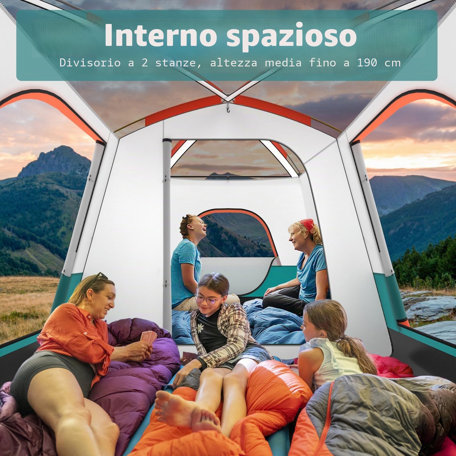FANTASK Tenda grande con tenda e pavimento, tenda da campeggio per 4-6 persone, 2 stanze e 2 ingressi, tenda a tunnel con tetto rimovibile e borsa per il trasporto, verde