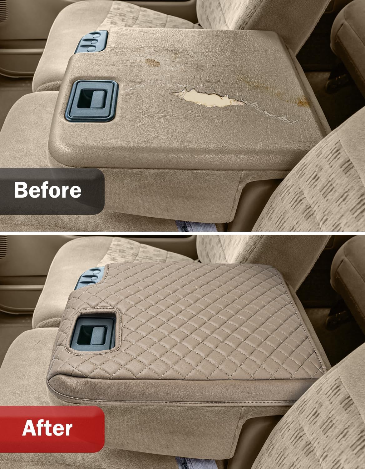 KBH Center Console Armrest Cover for Ford F250 F350 F450 Super Duty 1999-2001 Jump Seat, Arm Rest Cushion Pad Protector, Anti-Scratch, Beige