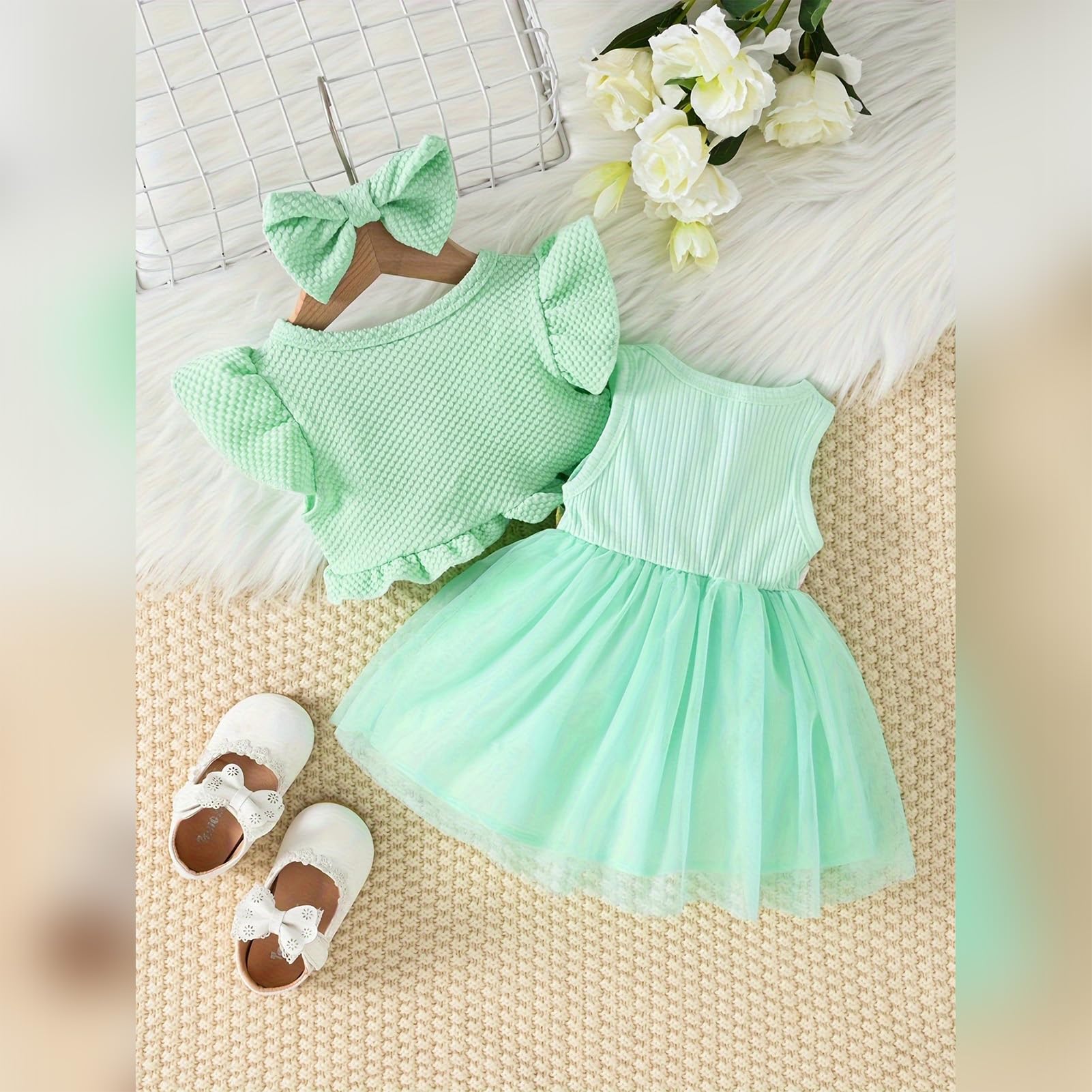 IBTOM CASTLE Toddler Baby Girls Dress and Cardigan Set: Princess Tulle Tutu Dress Floral Flutter Sleeve Knit Shrug Cardigan Short Coat with Headband 3PCS Birthday Photoshoot Clothes Green 3-6 Months