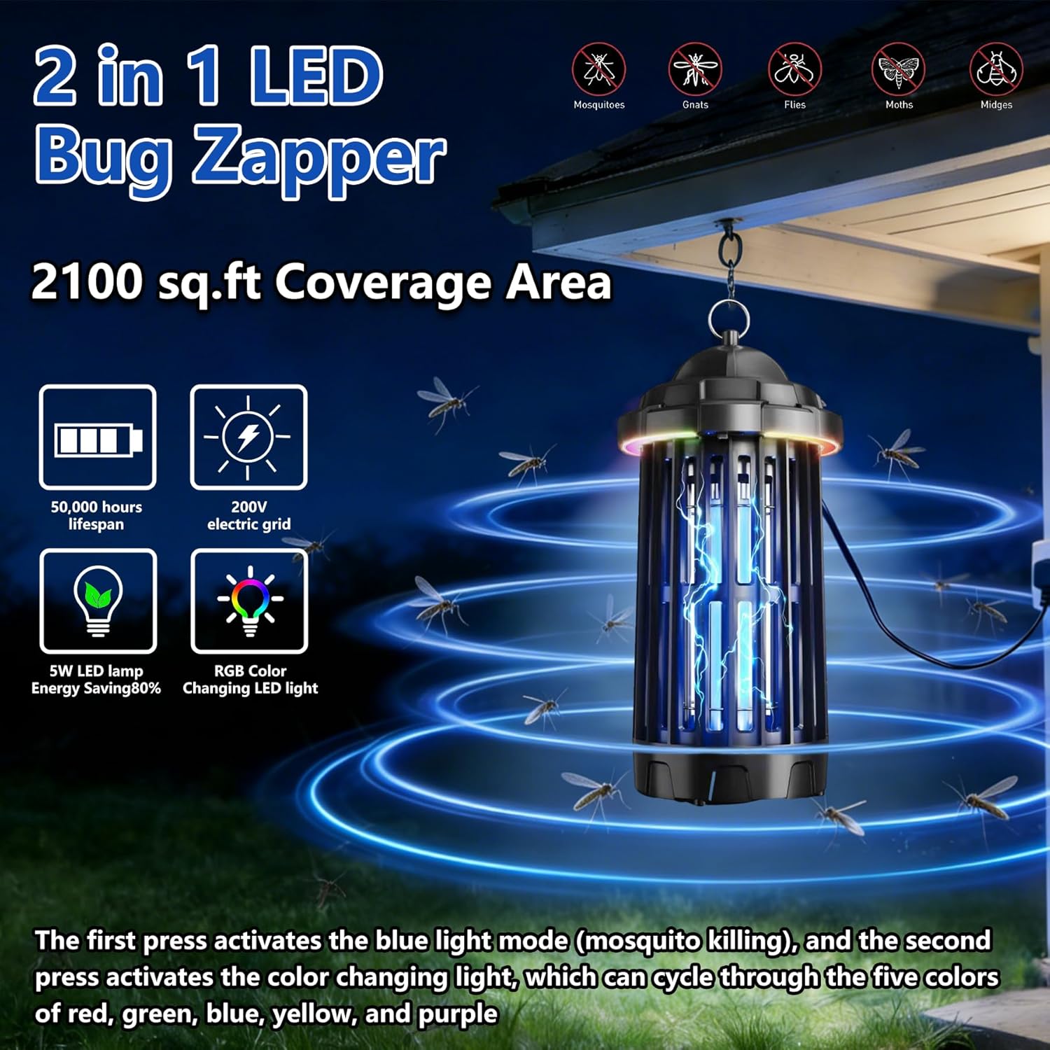 Multifuction 2 in 1 LED Bug Zapper, Lightweight Mosquito Zapper Lamp with 4200V and 50000 Hours Lifespan,Waterproof Mosquito Trap Indoor Outdoor with LED Lighting Fuction for Home Garden Camping