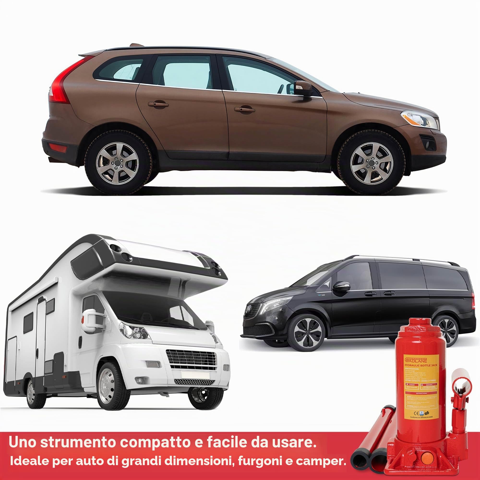 GADLANE Martinetto Idraulico - Potente Cric a Bottiglia da 2 Tonnellate, Durevole Cric Idraulico per Auto in Acciaio Legato, Valvola di Sovraccarico di Sicurezza - Pistone Idraulico da 2 Tonnellate