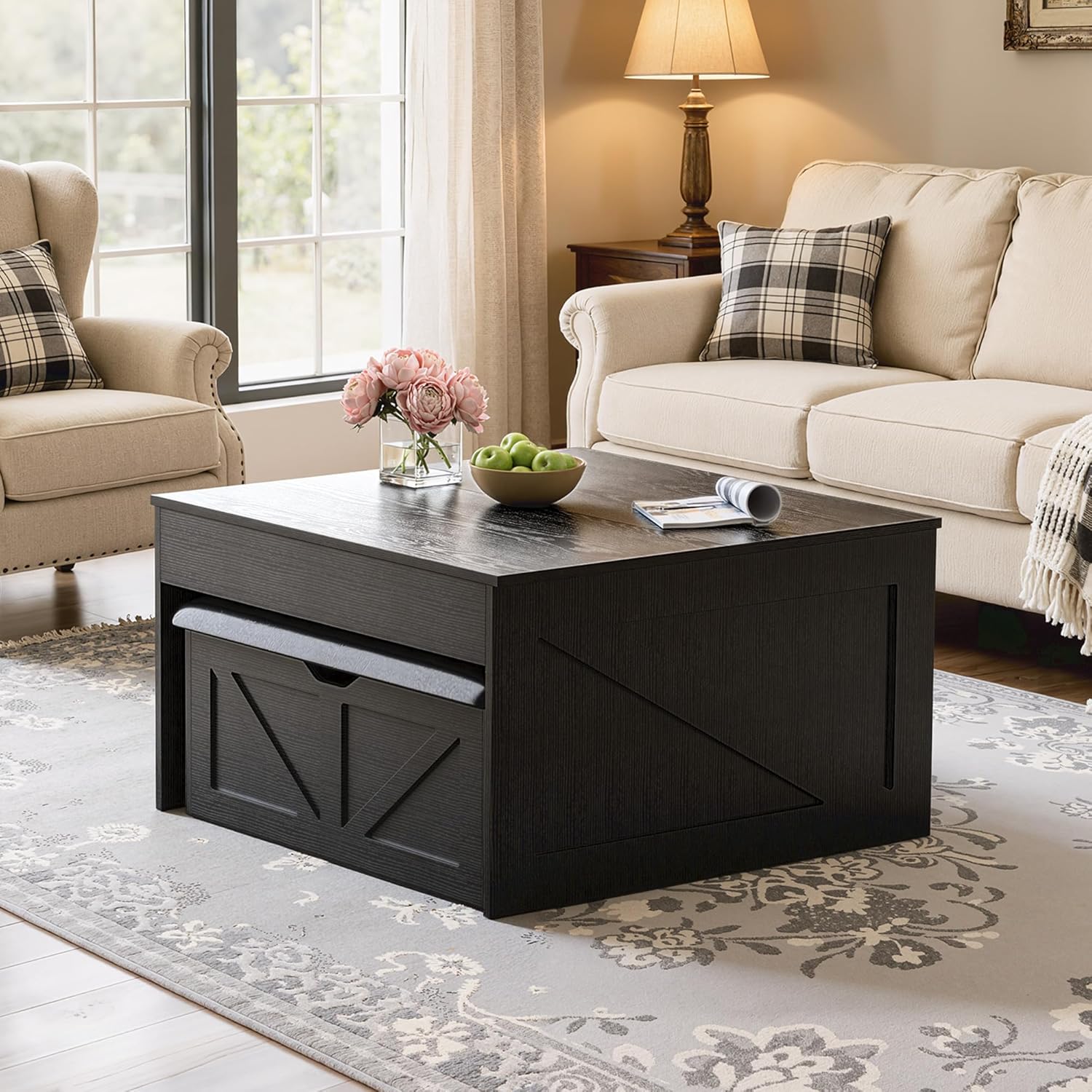 Lift Top Coffee Tables with Storage Hidden Compartment, 31.5 Farmhouse Coffee Tables with Bench, Center Table with Wooden Lift Tabletop for Living Room, Black