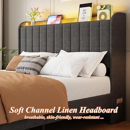 Miniatura 6 de Base de cama tamaño queen con cabecera de almacenamiento y 2 cajones, base de cama tapizada con luces LED y práctica estación de carga, no necesita