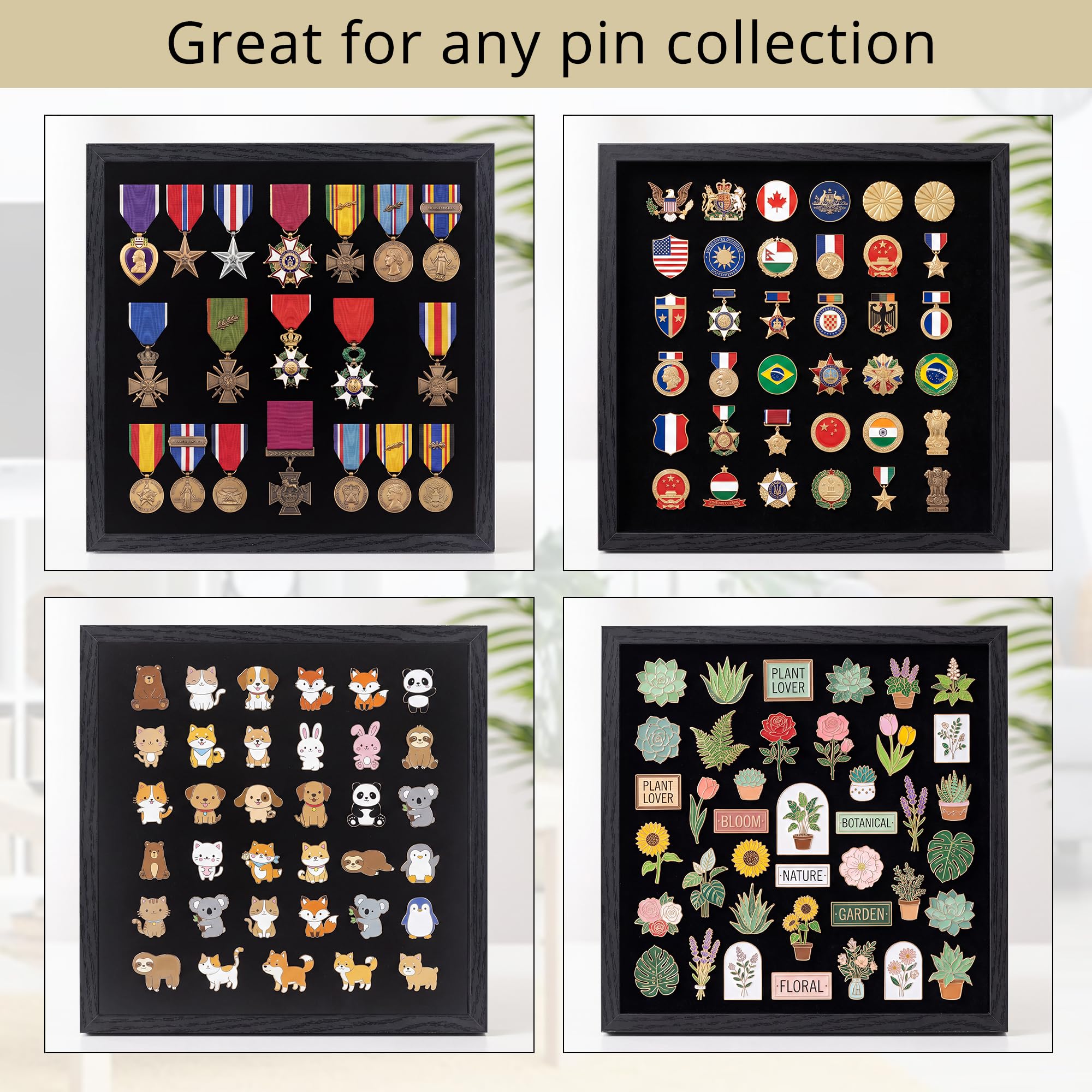 GMFrames Teca espositiva per spille smaltate 11x11 pollici (28x28 cm), cornice espositiva per collezione con vetro vero, shadow box per parete e piano d'appoggio, porta spille nero