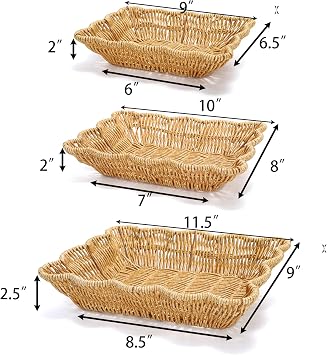 Jucoan 3 Pack Poly Wicker Bread Baskets, Imitation Rattan Fruit Baskets, Rectangular Tabletop Woven Serving Baskets Trays for Fruits Vegetables and Snacks, Restaurant Hotel Kitchen