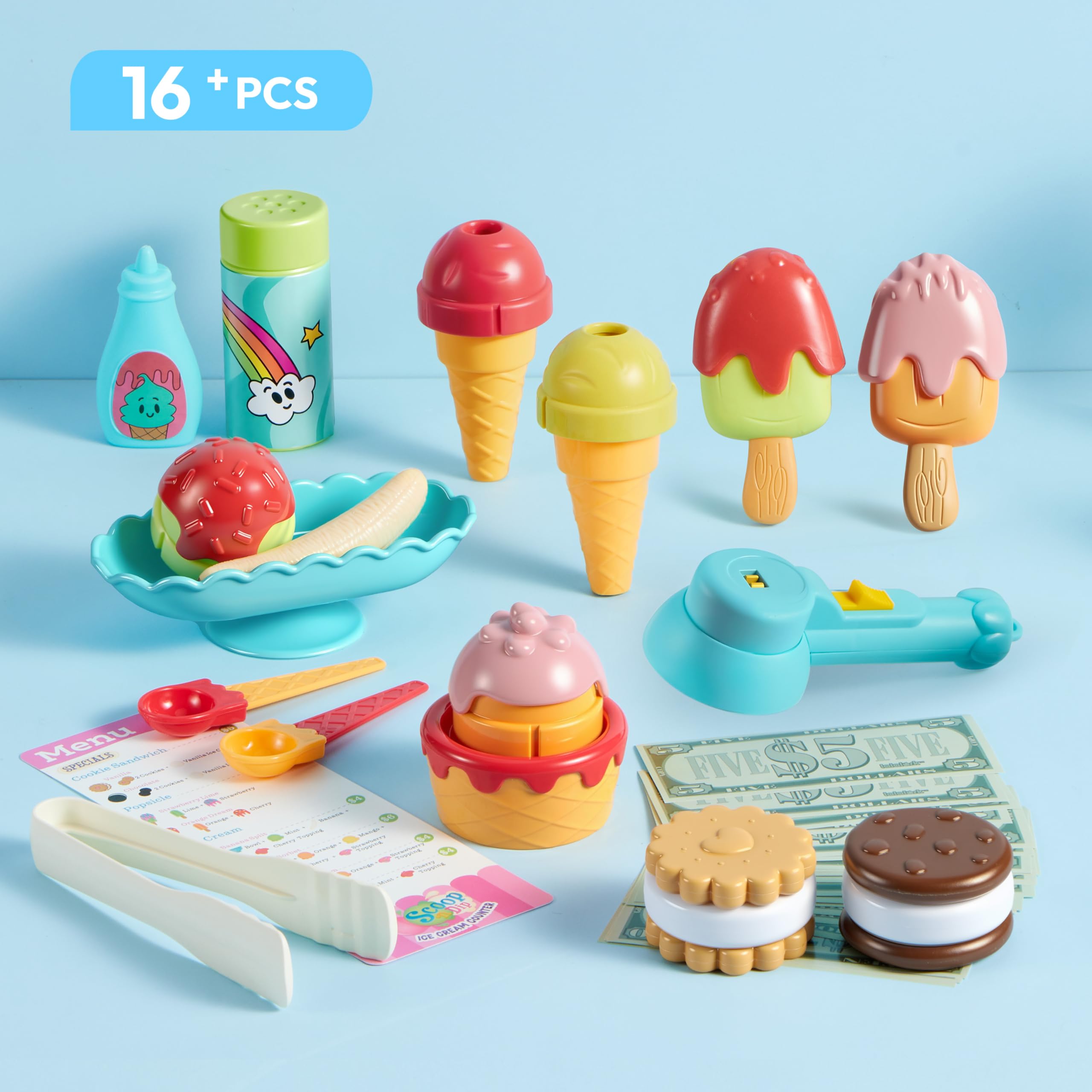 Ice Cream Play Food Pretend Toy for Role Play, Play Kitchen Accessories, Christmas Preschool Gifts for Girls Boys Kids Toddlers 3+