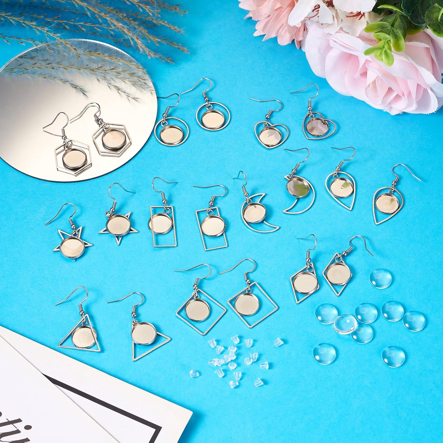 FASHEWELRY 20pcs Stainless Steel Earring Bezel Trays Geometric Blank Bezel Setting Heart Moon Round Earrings Bezel with Round Glass Cabochons for DIY Jewelry Making, 10 Shapes, Geometry Style - Image 6