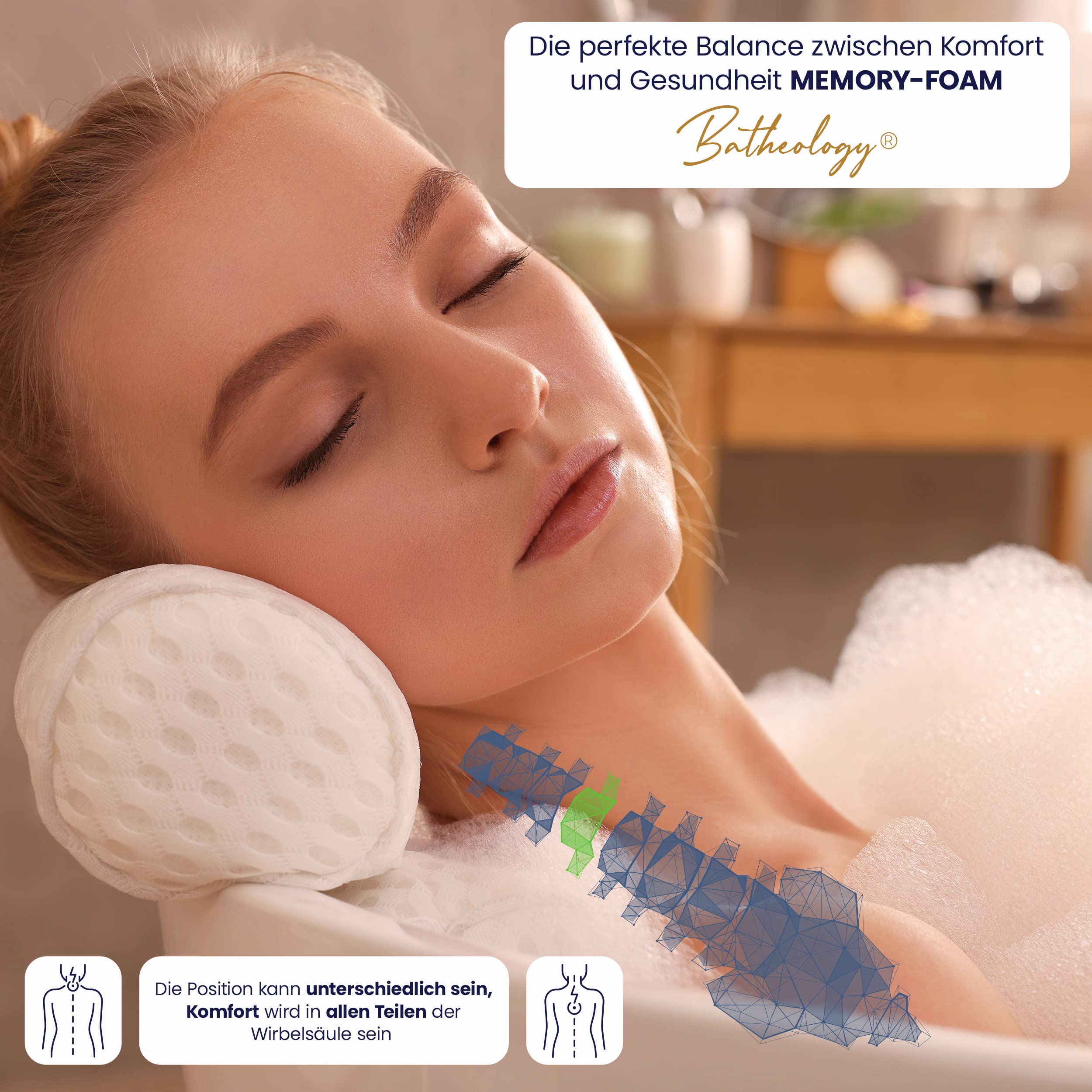 Cojín para bañera Batheology®, cojín ergonómico para bañera con relleno de espuma viscoelástica con memoria, cojín para relajar la columna vertebral, función de apoyo para la cabeza, la espalda, los h