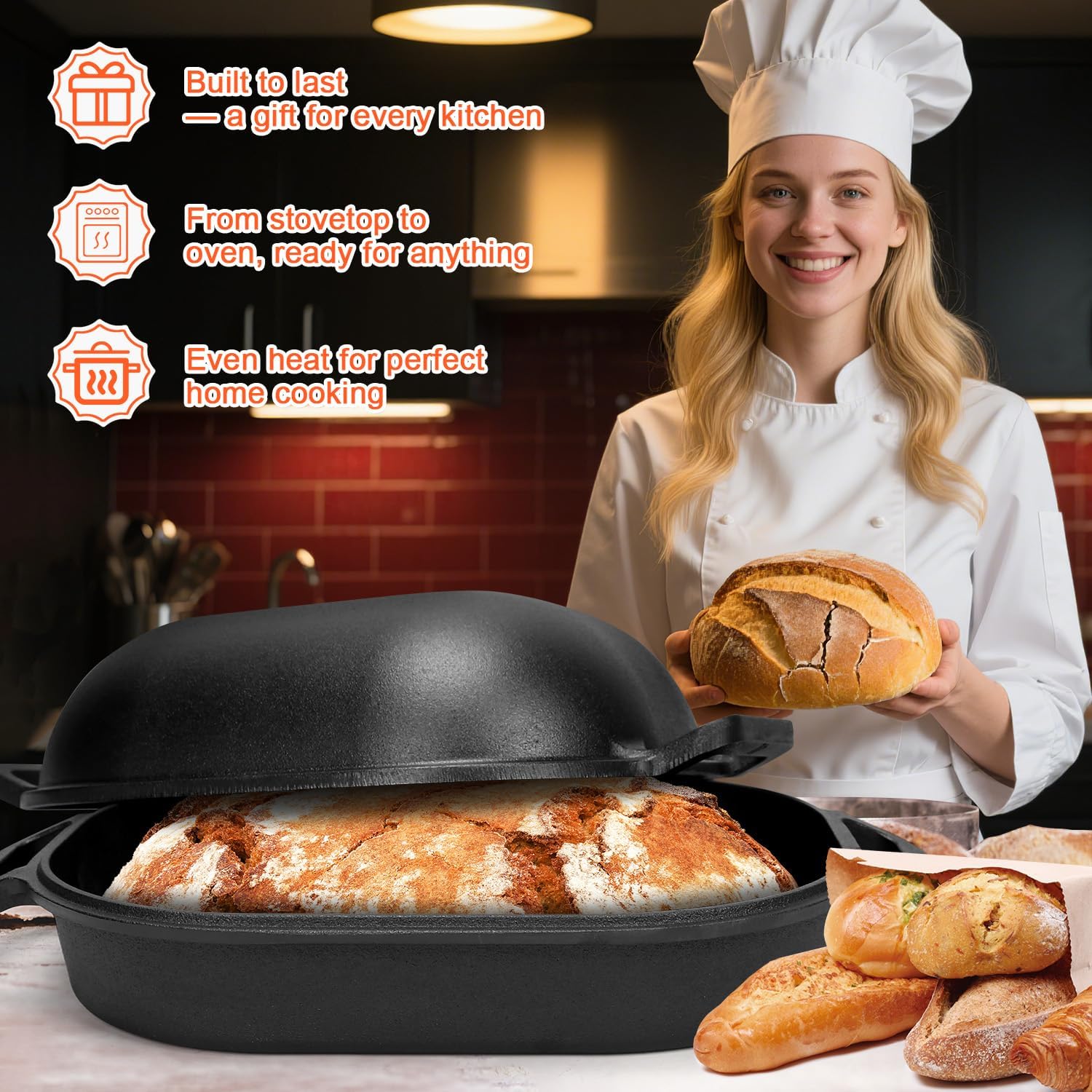 GFTIME Gusseisen Topf 40cm Brot Backen, Brotbackform mit Deckel - Robuste Brotbackform mit Deckel - Idealer Brottopf, Brotbacktopf, Gusseisentopf Brotform, Toastbrot Backform