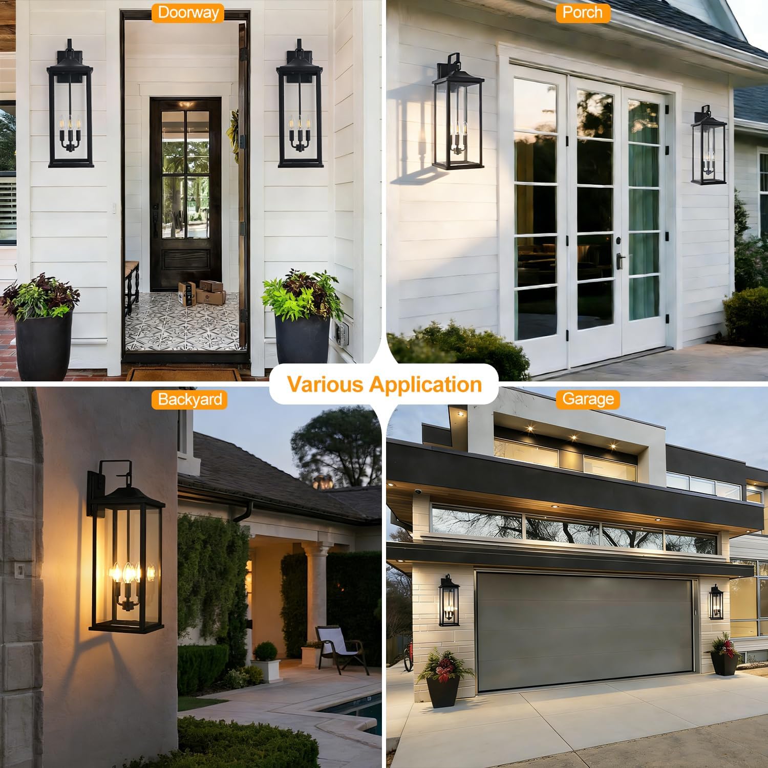 24" Outdoor Wall Light Fixtures,Candelabra 3-Light Exterior IP65 Waterproof Sconce with E12 Sockets Clear Glass Modern Matte Black Wall Mounted Porch Lights for Front Door and House Garage.