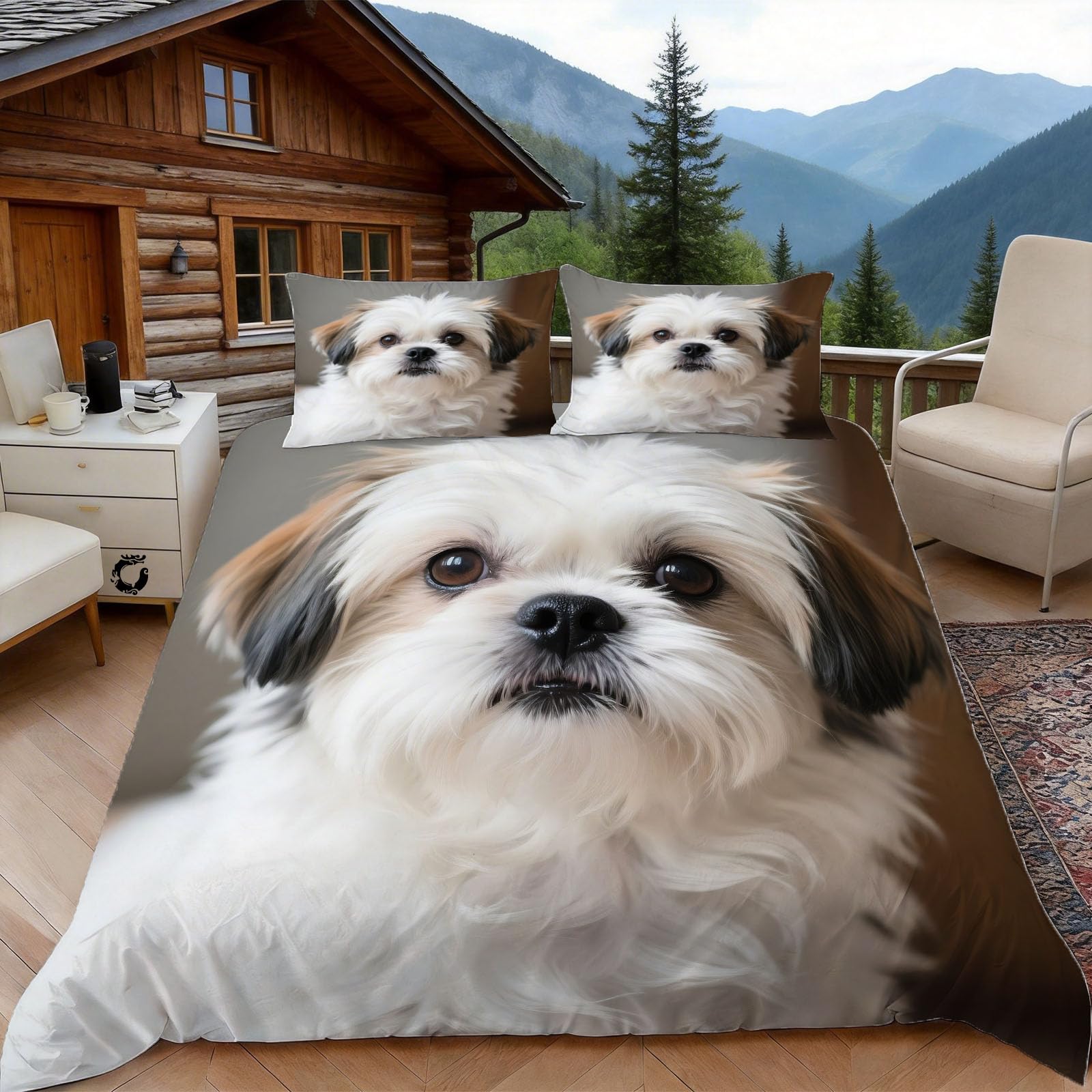 Housse de couette 200x200 chien maltais en microfibre avec taies