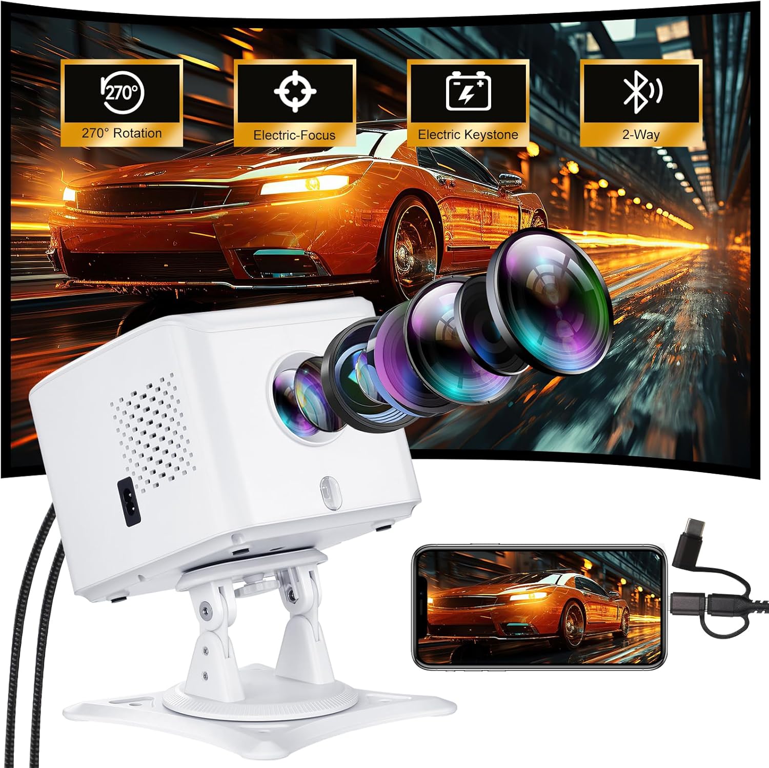KEJOG Mini Projector with its components and a projected image of a car.