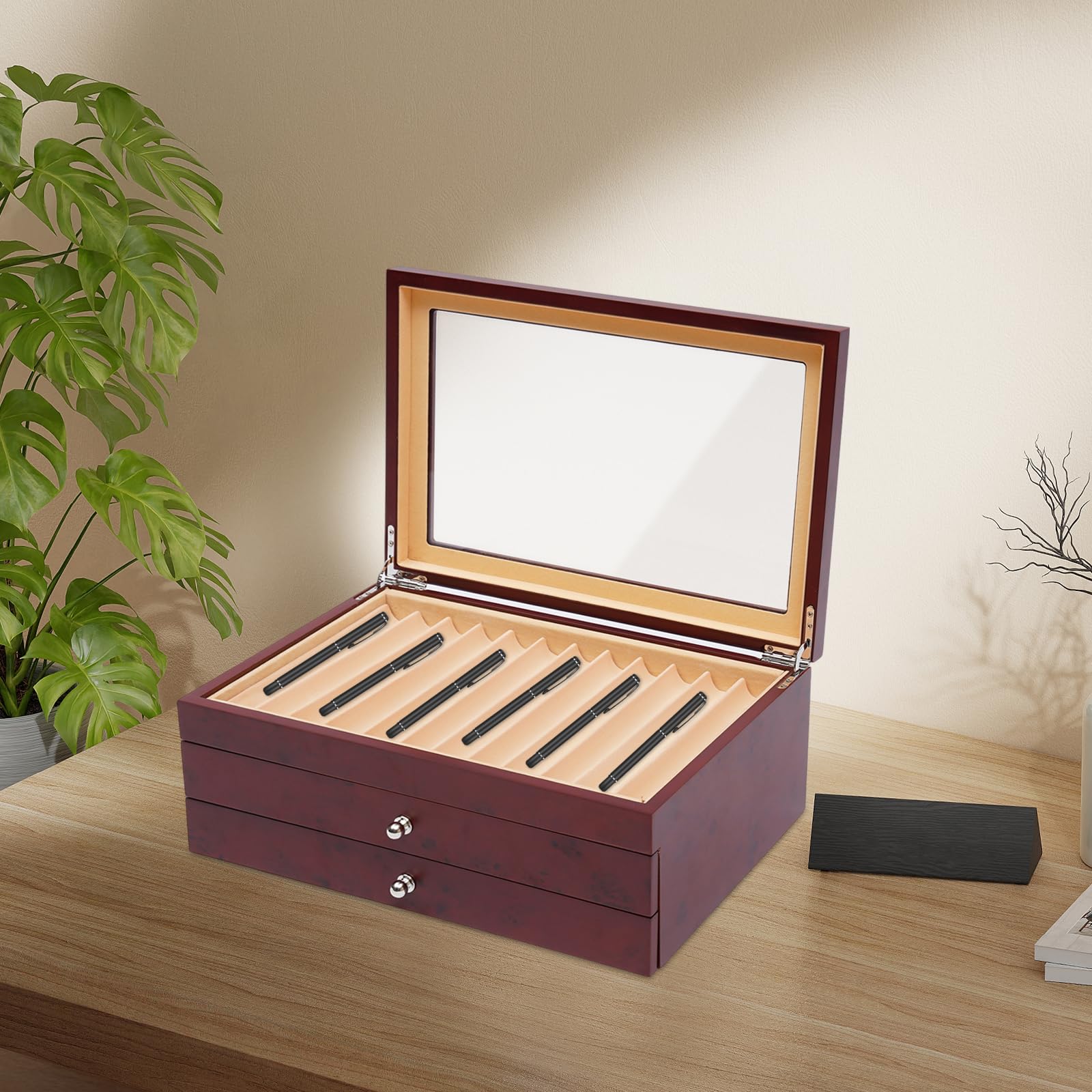 Scatola portapenne rettangolare retrò a 34 livelli, portapenne in legno + organizer per vetrina, coperchio visibile, cerniere robuste, per la conservazione di molti diversi tipi di penne