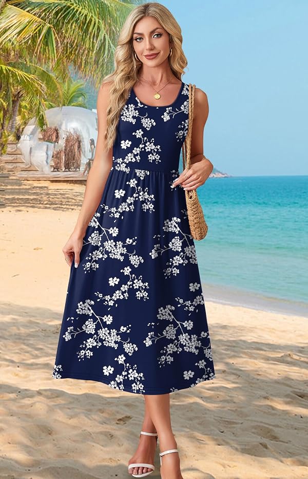 WIHOLL Summer Dresses for Women Beach Vacation Clothes Cruise Resort Wear Outfits 2026 Sun Dress Flowy Midi Dresses for Women Maxi Dresses for Seniors Sundresses Spring Dresses Navy XL by WIHOLL - Used condition - Image 2
