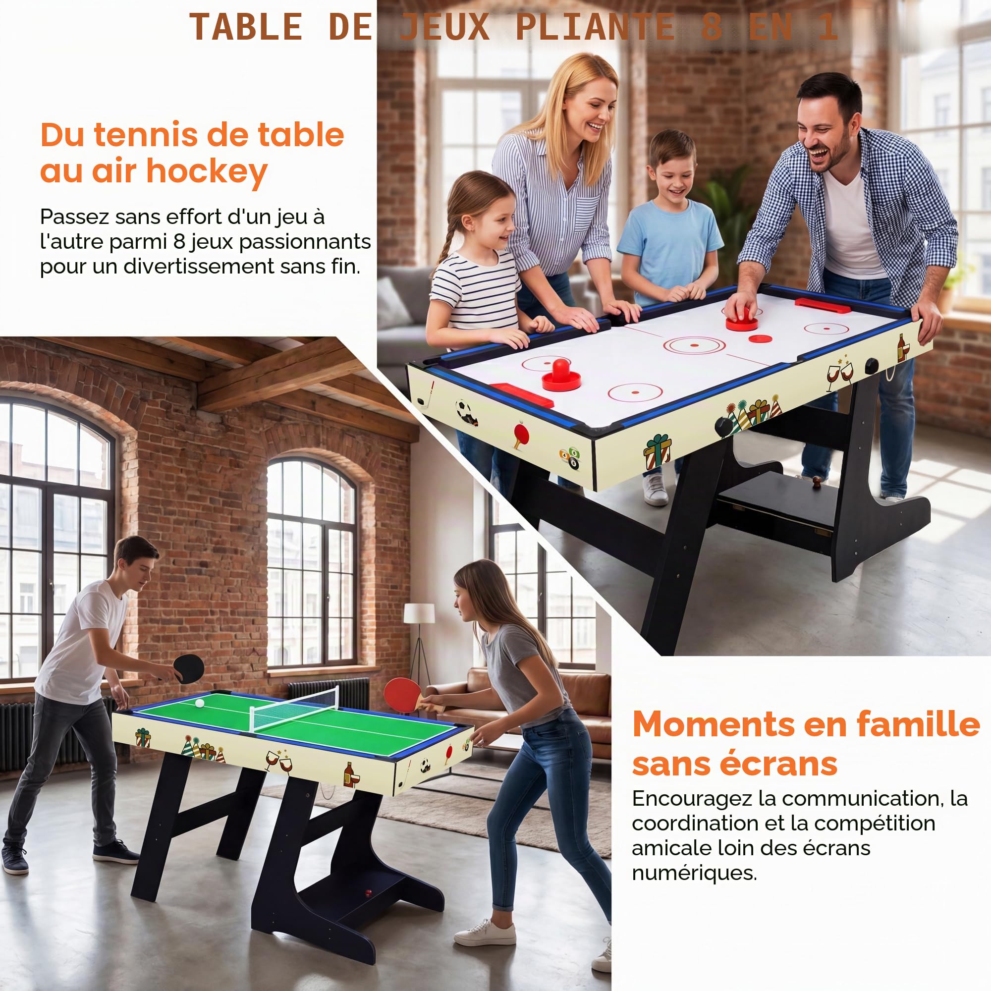 OYE 4FT 8 en 1 Zusammenklappbar multifunkniertes Jeu de Table - Football de Table(Tischkiker)/Tennis de Table/Hockey à air/Table de Billard, MDF