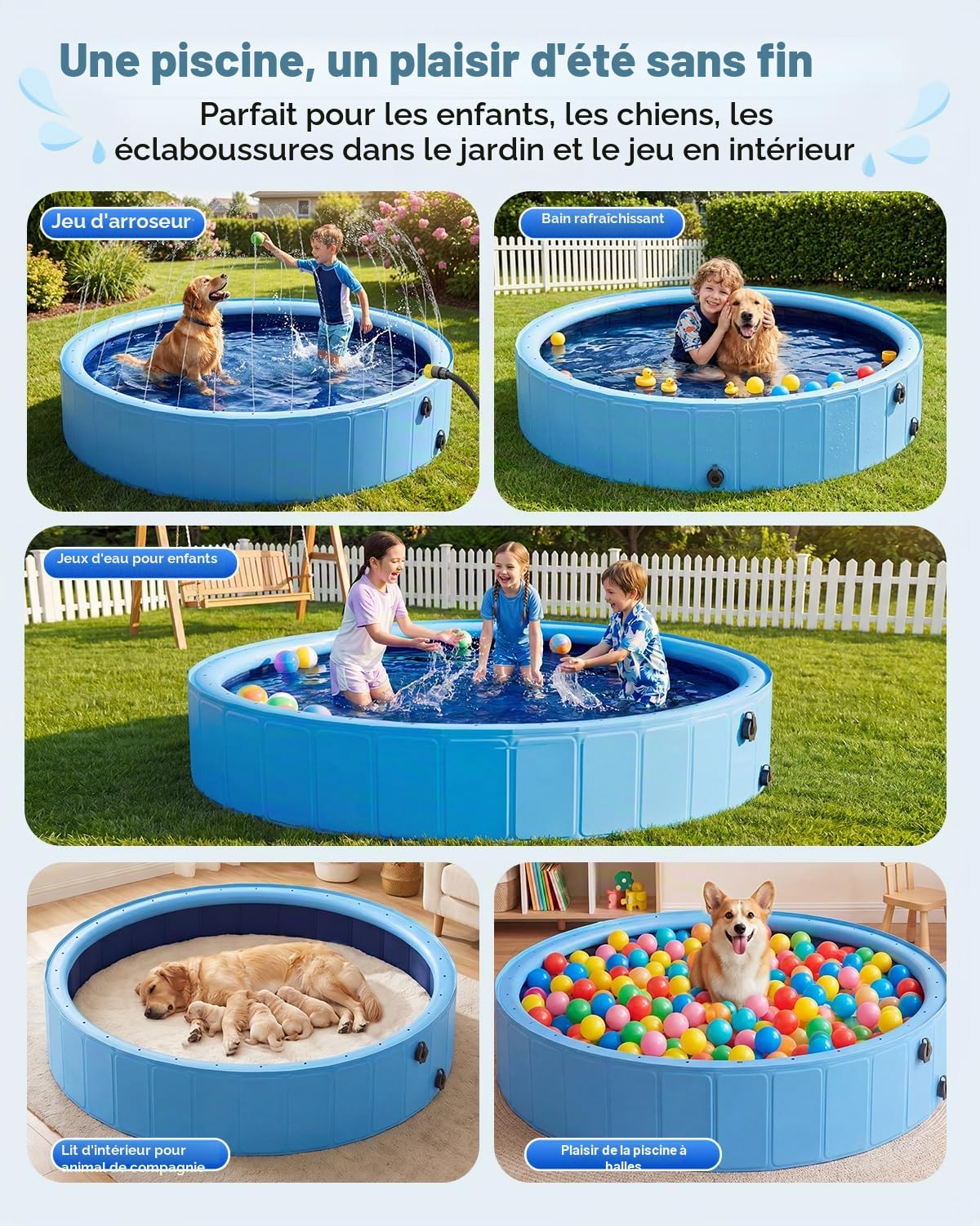 Piscine pour Chien Pliable avec Sprinkler, Grande Piscine Chien 160 cm Antidérapante en PVC avec Jet d’Eau pour Jardin et Extérieur