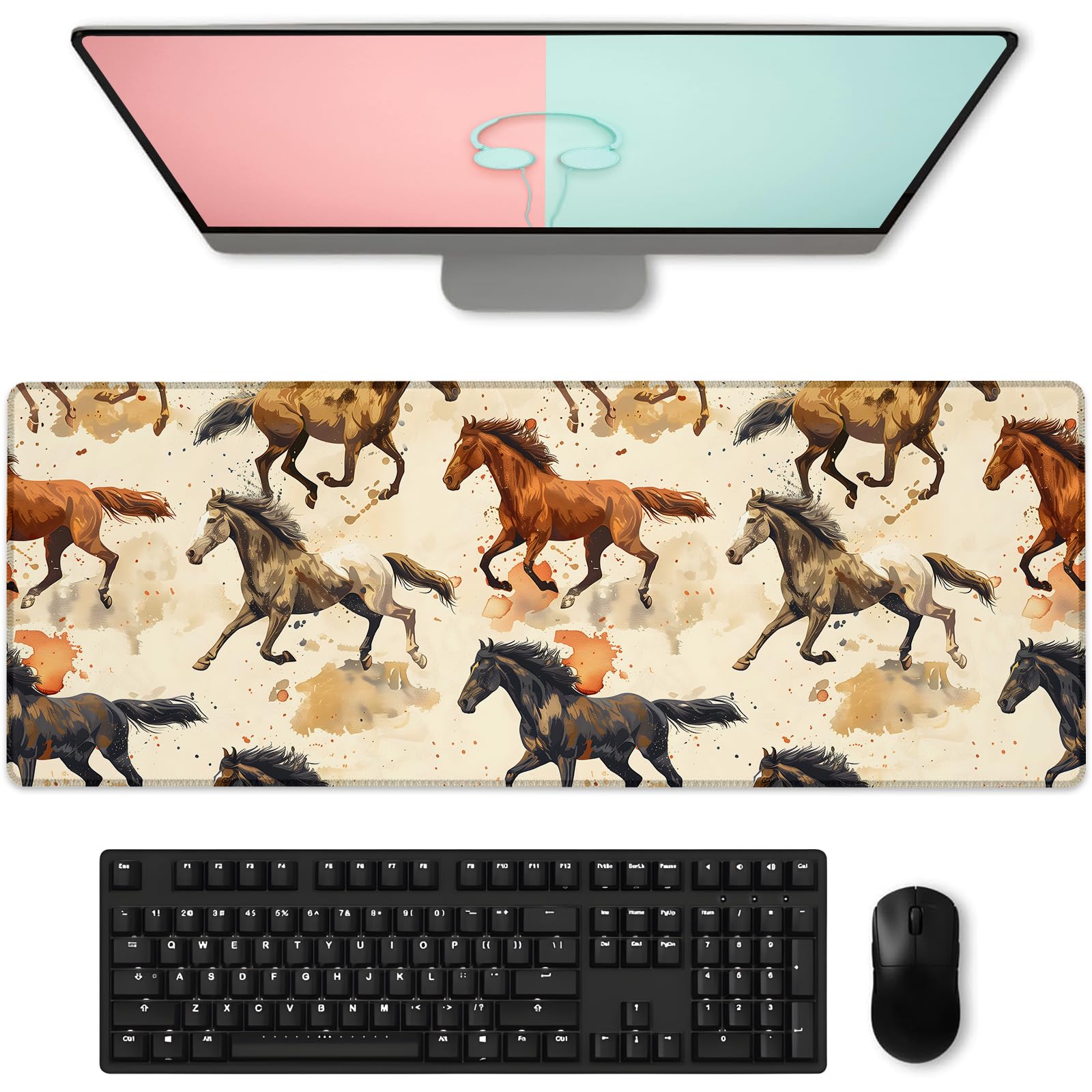 Wild Horse Gaming Mouse Pad, Large Dynamic Running Horse Desk Mat for Keyboard Computer Laptop, Extended Non-Slip Rubber Base Desktop Mousepad for