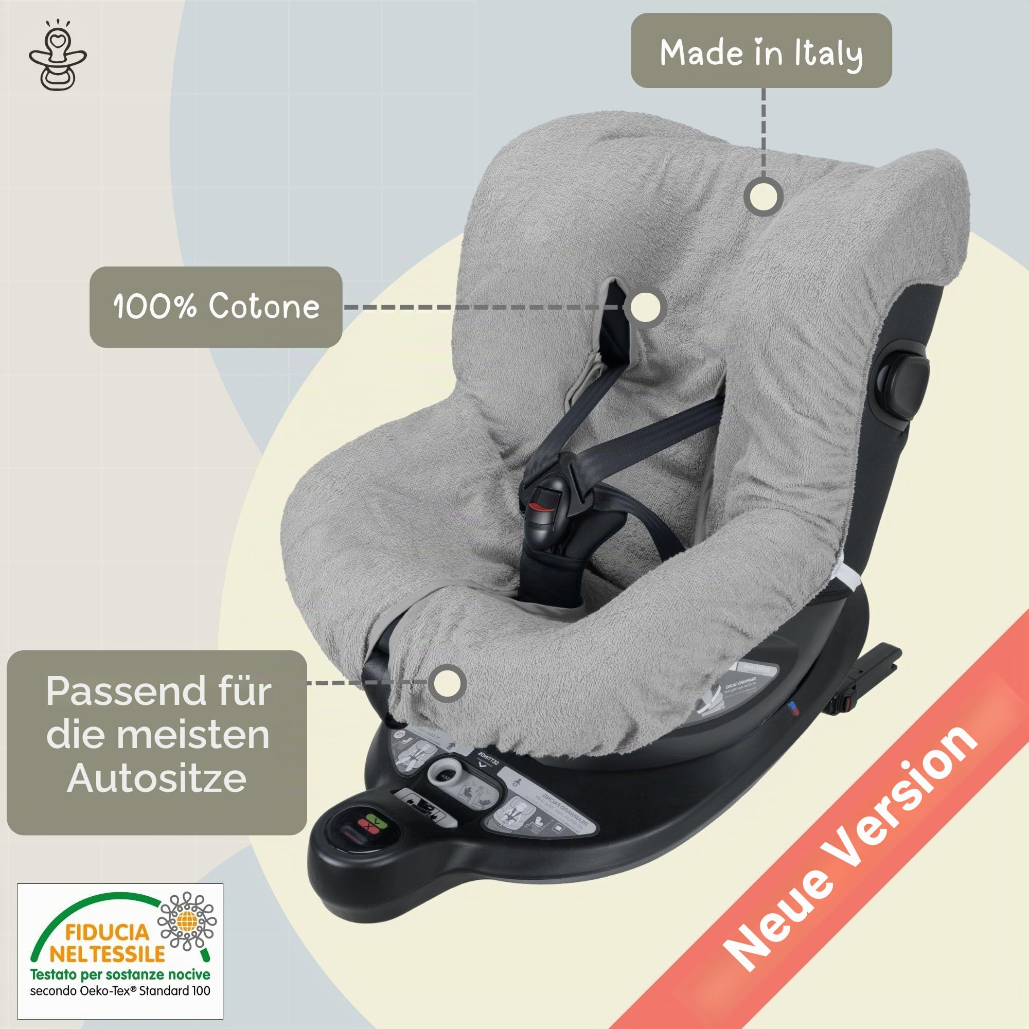Babysanity® Weicher Universaler Autositzbezug 0/18 Aus Doppelter 100% Baumwollfrottee – Waschbarer Sitzbezug Mit Gurtöffnungen – Made in Italy-Grau