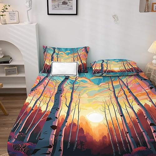 Miniatura 2 de Juego de sábanas de 4 piezas con diseño de atardecer de abedul y diseño de bosque, sábanas y fundas de almohada estampadas, sábana bajera ajustable