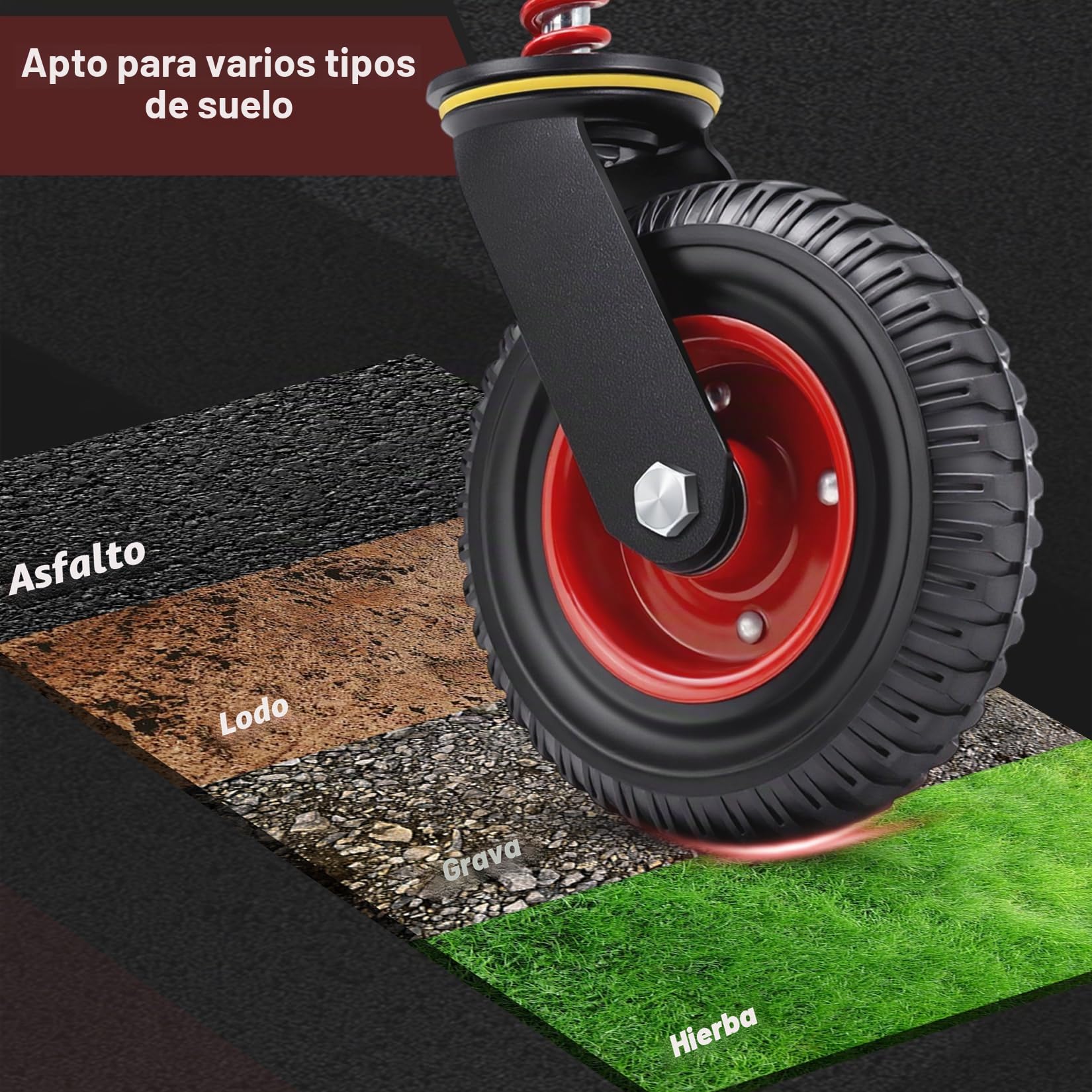 200mm Rueda para PortóN Pesada con Muelle y Engrasador, 250kg Capacidad, Rueda de Goma Negra para Terreno Irregular, CéSped y Grava, Ruedas para Puertas de Madera y Metal, Juego de 2