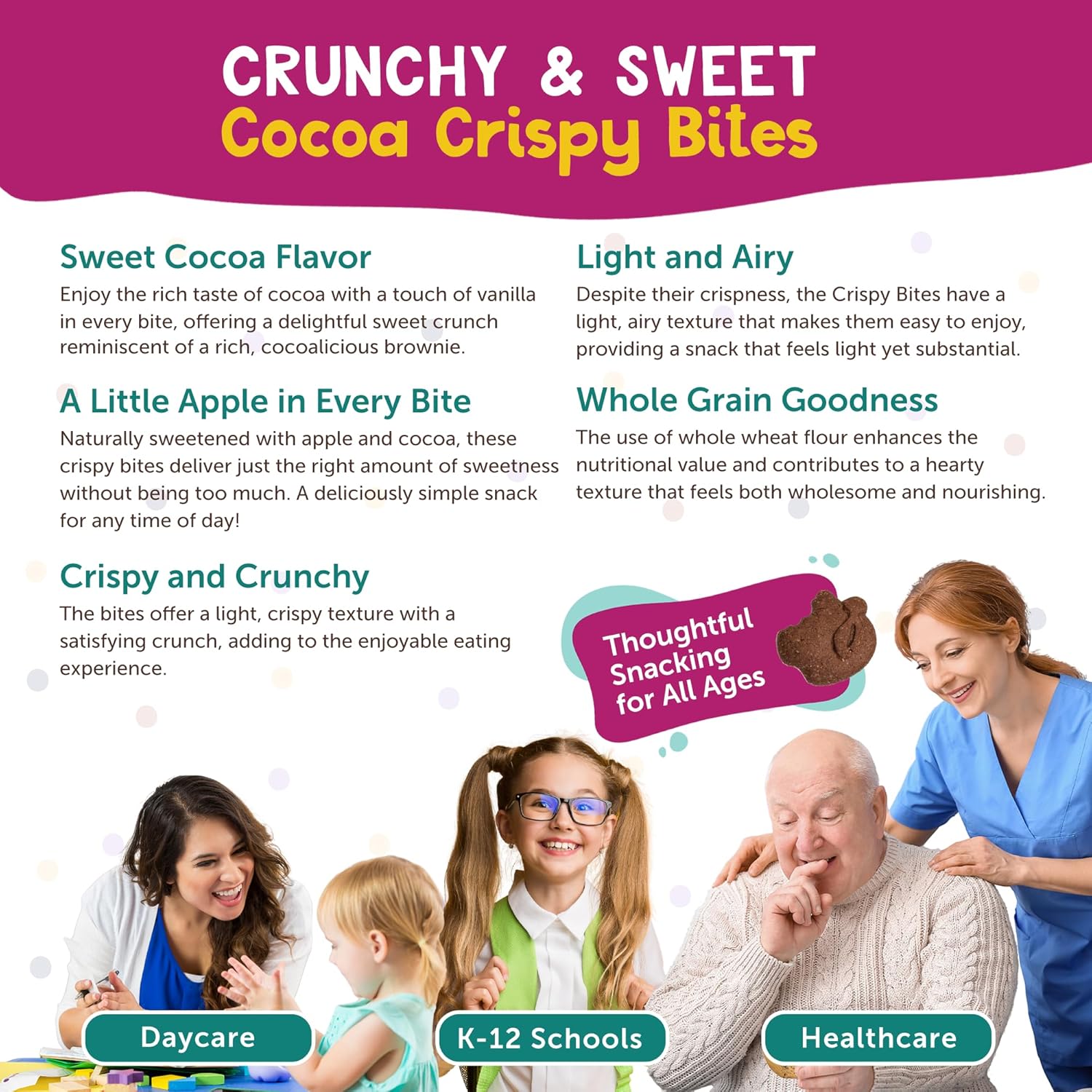 Appleways Whole Grain Cocoa Crispy Bites, All-Natural Individually Wrapped Crispy Chocolate Dark Cocoa Mini Bites, Made in USA, 108 Count, 1.0 Oz