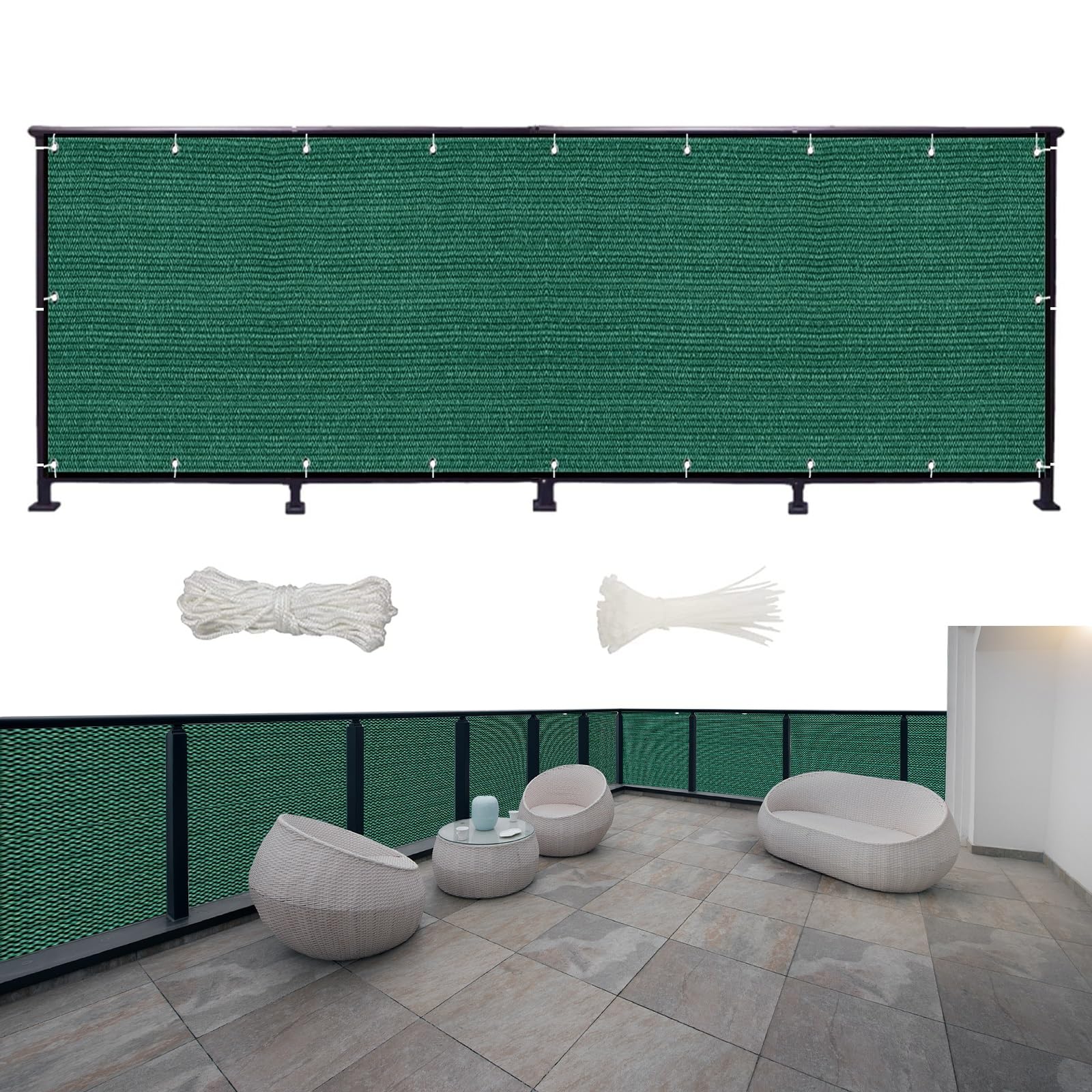 GJZQDKX Custom Balcony Canopy 300x145cm Opaque Wind & UV Protection Perfect for Balcony Border Cladding Camping & Pool Dark Green with Cable Ties & Cord