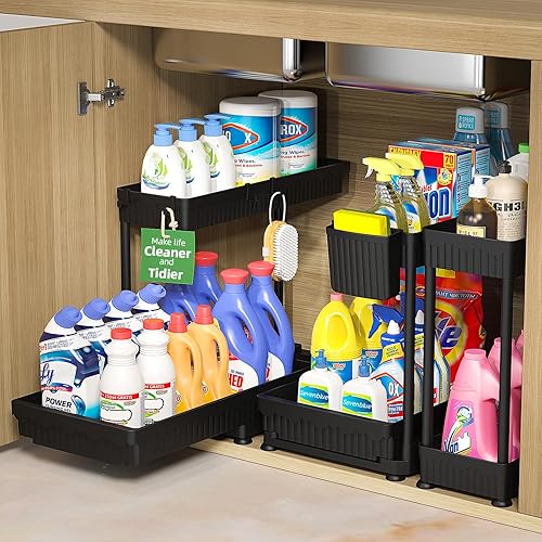 3 Pack Multi-Purpose Under Sink Organizers and Storage, 2025 L-Shaped Pull Out Cabinet Organizer for Bathroom & Kitchen, Under Cabinet Organizer with Hooks Hanging Cup, Black