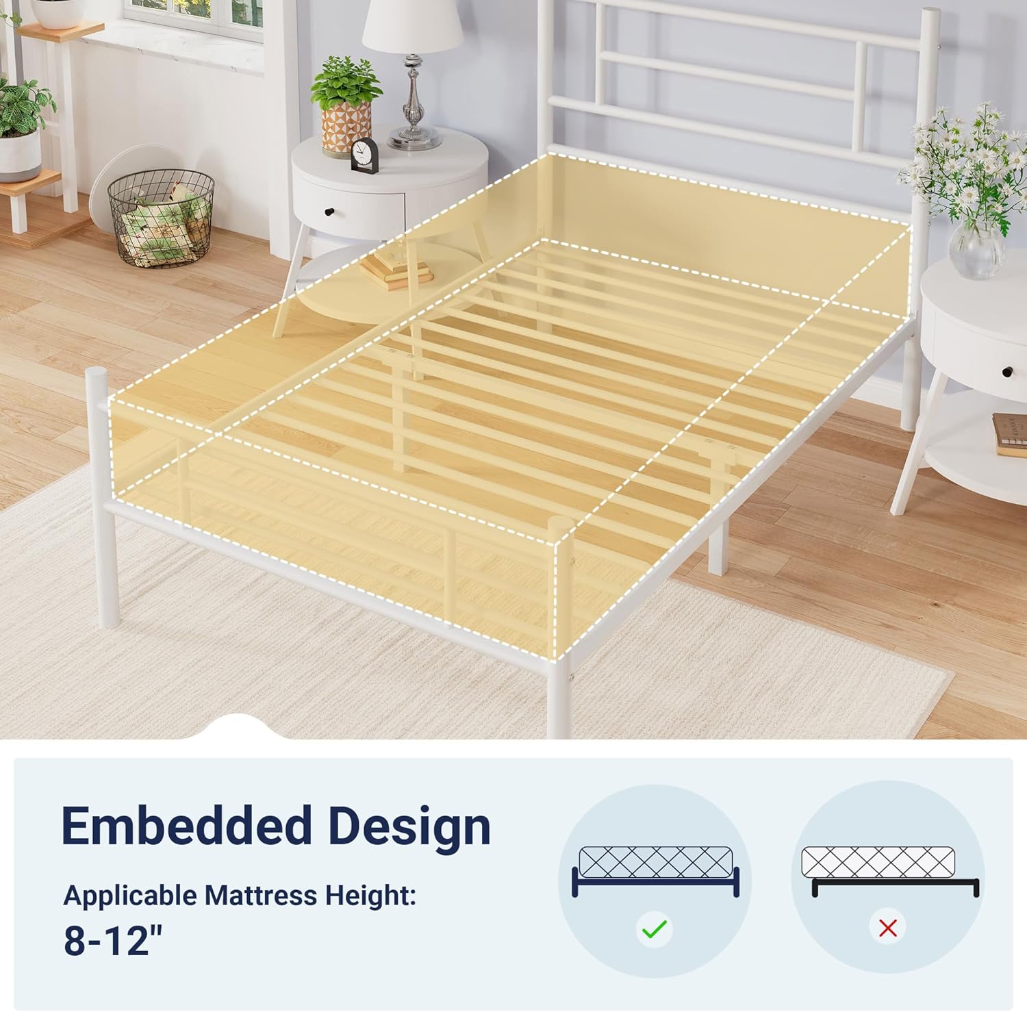 Allewie 14 Inch Twin Size Metal Platform Bed Frame with Headboard and Footboard, Underbed Storage, Strong Metal Slats Support, Mattress Foundation, No Box Spring Needed, Easy Assembly, White